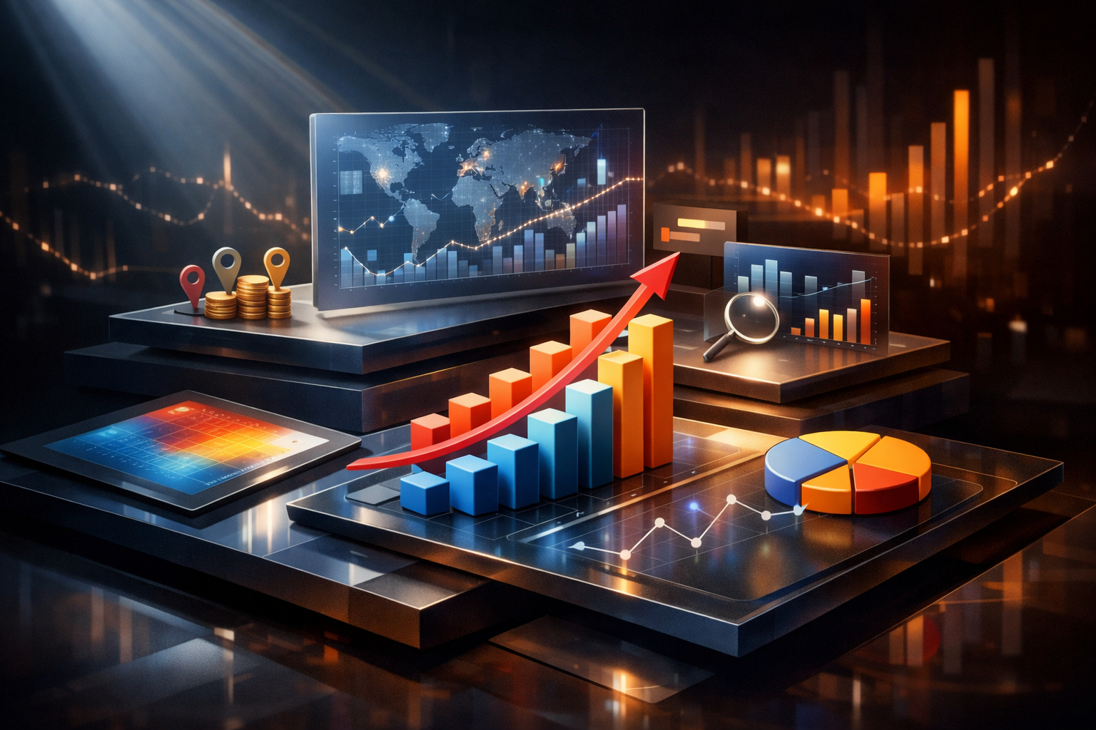 Premium editorial section illustration 1 for "Стратегическая сессия 2026: основа цифрового роста" in context of "Бизнес онлайн: практический разбор для руководителя и команды в 2026". Distinct visual angle, no people, no faces, layered product surfaces, abstract signals, cinematic light, crisp contrast, subject-focused, no text, no watermark, no logo, 16:9.