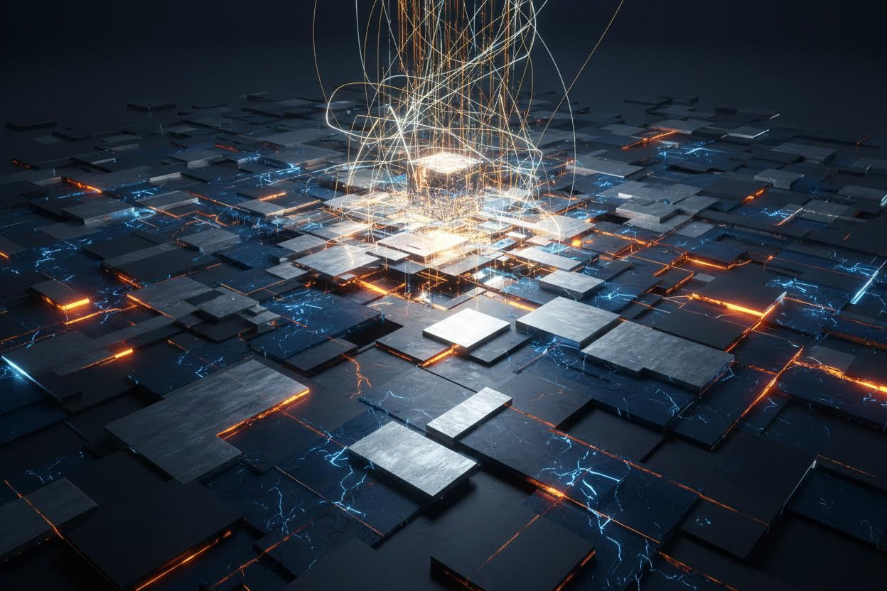 Premium editorial section illustration 2 for "Выбор технологического стека для онлайн-бизнеса" in context of "Бизнес онлайн: практический разбор для руководителя и команды в 2026". Distinct visual angle, no people, no faces, layered product surfaces, abstract signals, cinematic light, crisp contrast, subject-focused, no text, no watermark, no logo, 16:9.