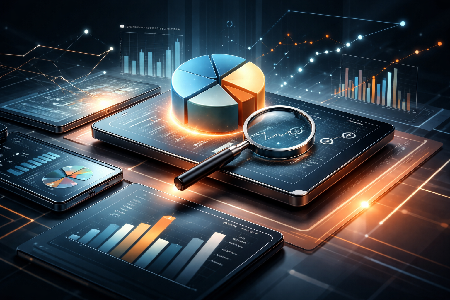 Premium editorial section illustration 1 for "Оценка текущего состояния бизнеса" in context of "Бизнес онлайн: стратегия для руководителя и команды в 2026". Distinct visual angle, no people, no faces, layered product surfaces, abstract signals, cinematic light, crisp contrast, subject-focused, no text, no watermark, no logo, 16:9.