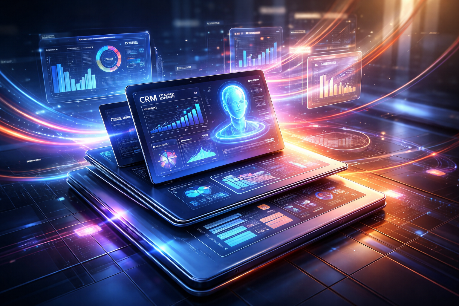 Premium editorial section illustration 1 for "Тренды 2026: От технологий к стратегии клиента" in context of "Продажи 2026: Как использовать AI и CRM для роста выручки". Distinct visual angle, no people, no faces, layered product surfaces, abstract signals, cinematic light, crisp contrast, subject-focused, no text, no watermark, no logo, 16:9.