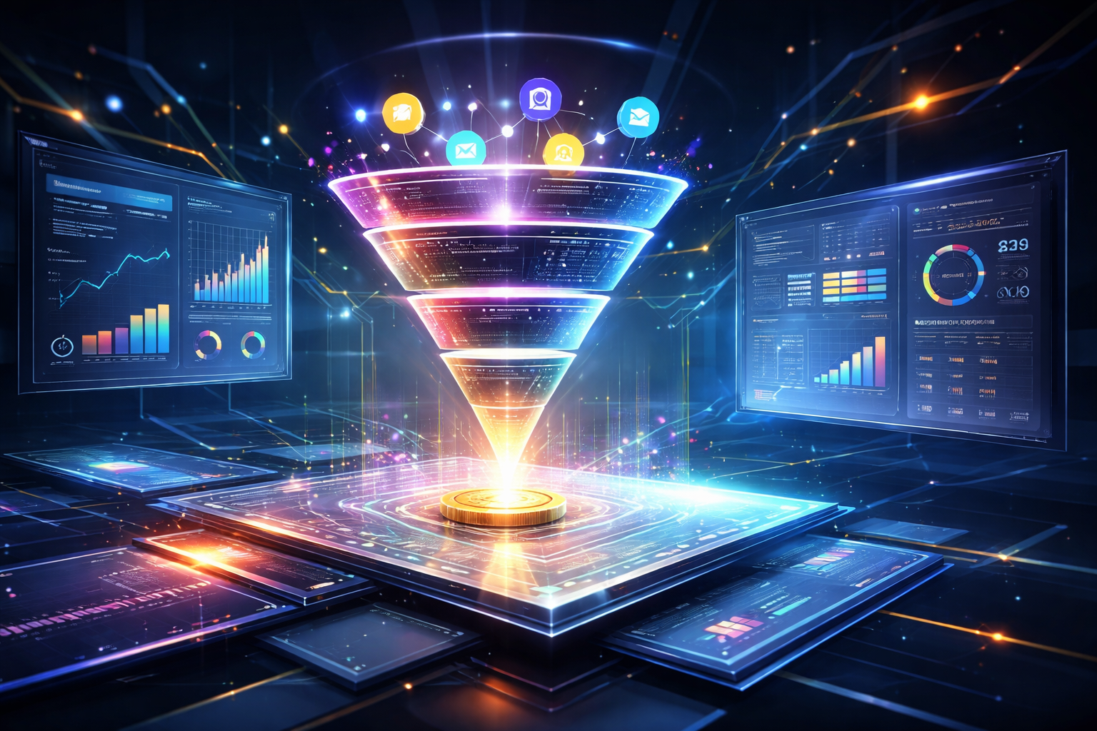 Premium editorial section illustration 2 for "Выбор CRM-системы: Сравнение платформ 2026" in context of "Продажи 2026: Как использовать AI и CRM для роста выручки". Distinct visual angle, no people, no faces, layered product surfaces, abstract signals, cinematic light, crisp contrast, subject-focused, no text, no watermark, no logo, 16:9.