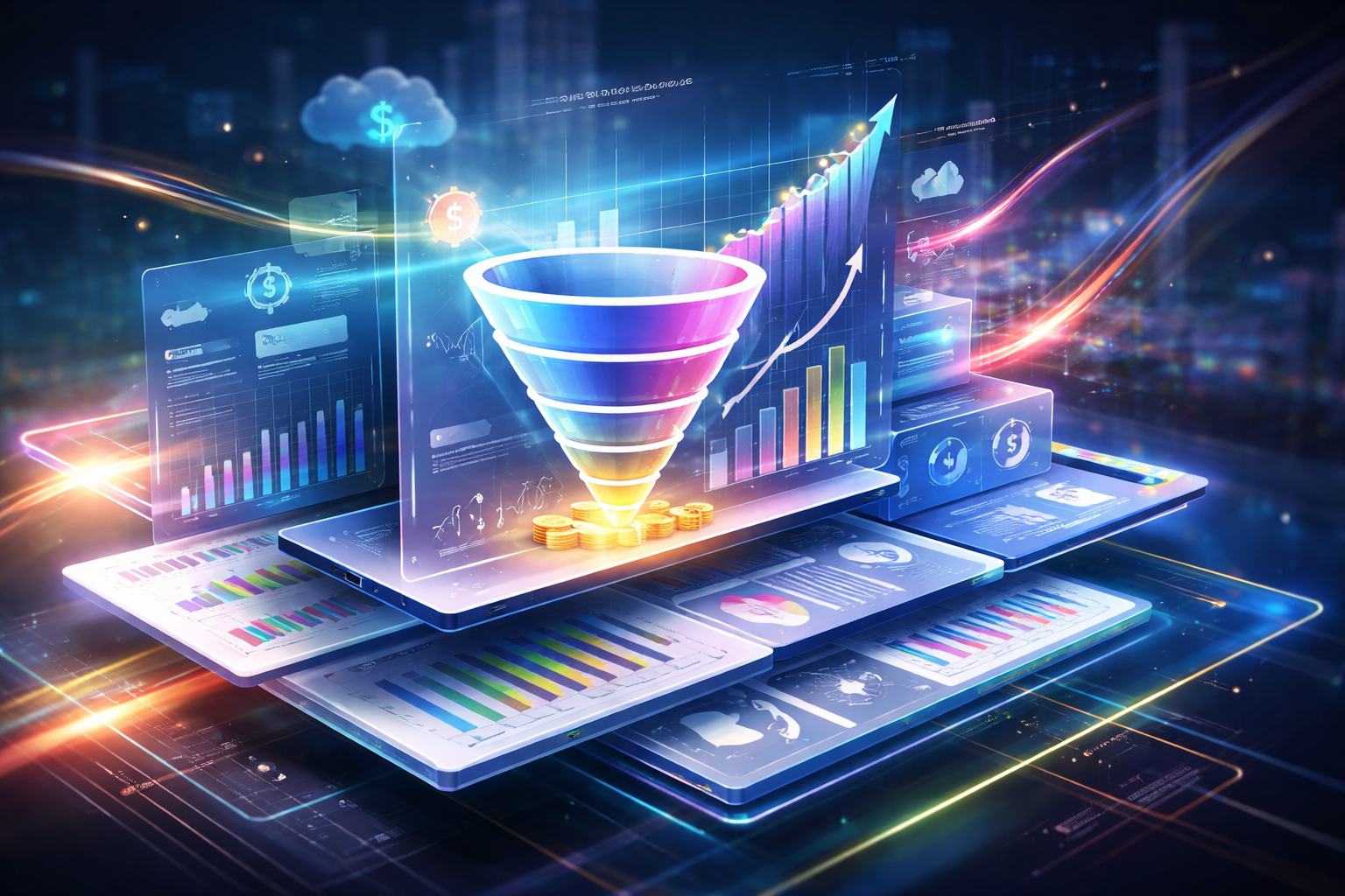 Premium editorial section illustration 2 for "Обзор CRM-систем 2026: сравнение стоимости, масштабируемости и ROI" in context of "Продажи 2026: Как AI и CRM превратят вашу воронку в машину роста". Distinct visual angle, no people, no faces, layered product surfaces, abstract signals, cinematic light, crisp contrast, subject-focused, no text, no watermark, no logo, 16:9.