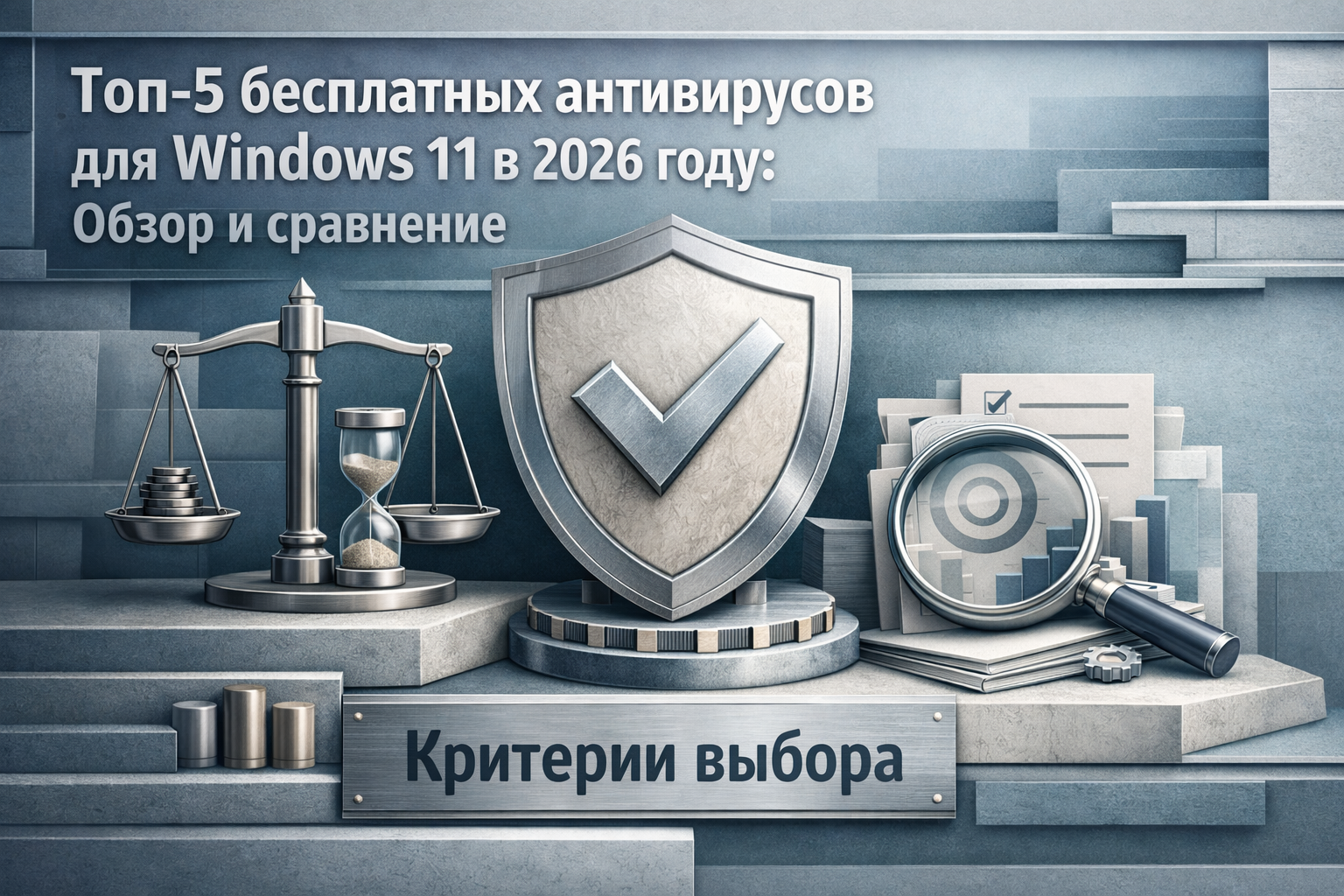 Architectural elevation scene with layered frames, structural rhythm, and editorial poster discipline. Article title: "Топ-5 бесплатных антивирусов для Windows 11 в 2026 году: Обзор и сравнение". Section focus: "Критерии выбора". Concrete concept to visualize: Критерии, выбора. Invent a specific metaphor tied to this section only; do not fall back to generic AI brains, neon circuits, or random dashboards. Color direction: fog blue, desaturated teal, silver accents, pale stone. Camera: close-up 50mm product editorial shot, shallow depth but readable scene hierarchy. Use tactile materials, layered objects, visual hierarchy, and premium editorial polish like a cover story interior spread. No people, no faces, no hands, no readable UI text, no logos, no watermark, no empty dark voids. 16:9 landscape.