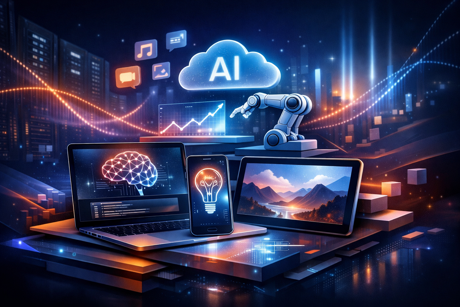 Premium editorial section illustration 1 for "Кому подходит бесплатный ИИ: сценарии и критерии" in context of "Бесплатный ИИ в 2026 году: 15 сервисов, которые реально работают". Distinct visual angle, no people, no faces, layered product surfaces, abstract signals, cinematic light, crisp contrast, subject-focused, no text, no watermark, no logo, 16:9.