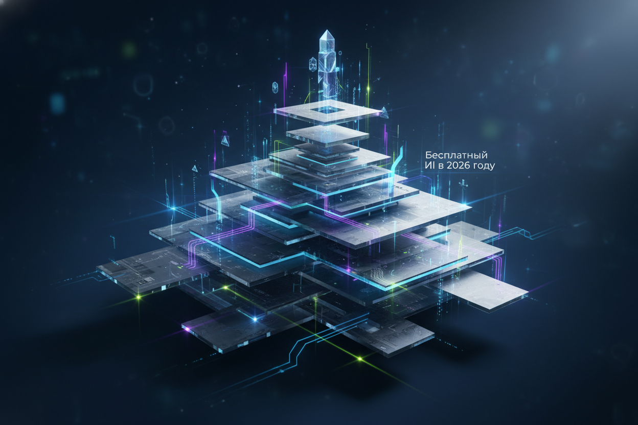 Premium editorial section illustration 2 for "Топ-15 сервисов: обзор и сравнение" in context of "Бесплатный ИИ в 2026 году: 15 сервисов, которые реально работают". Distinct visual angle, no people, no faces, layered product surfaces, abstract signals, cinematic light, crisp contrast, subject-focused, no text, no watermark, no logo, 16:9.