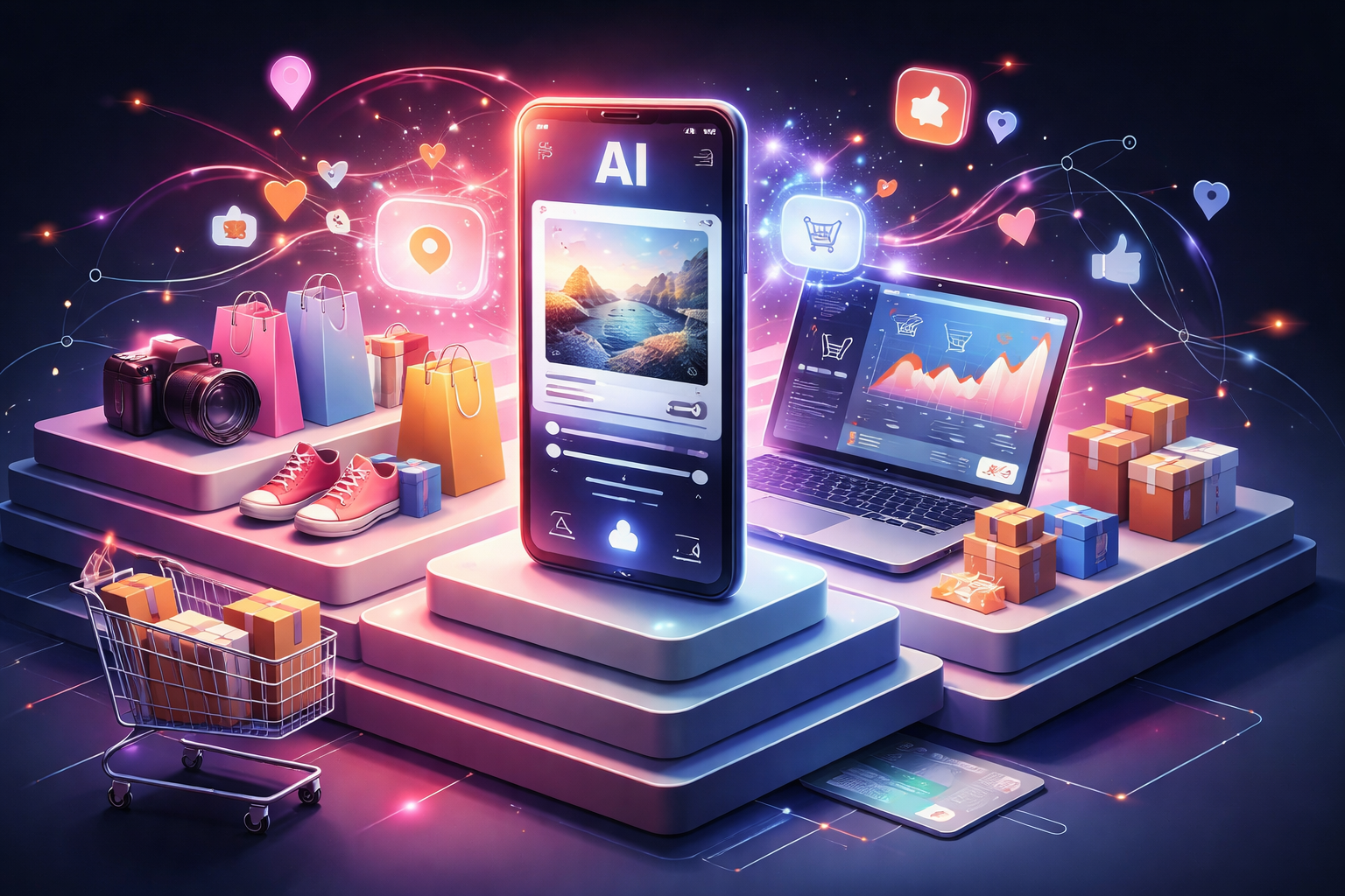 Premium editorial section illustration 1 for "Кому подходит сценарий: e-commerce, маркетинг, ритейл" in context of "Нейросеть для фото: лучшие сервисы обработки и генерации". Distinct visual angle, no people, no faces, layered product surfaces, abstract signals, cinematic light, crisp contrast, subject-focused, no text, no watermark, no logo, 16:9.