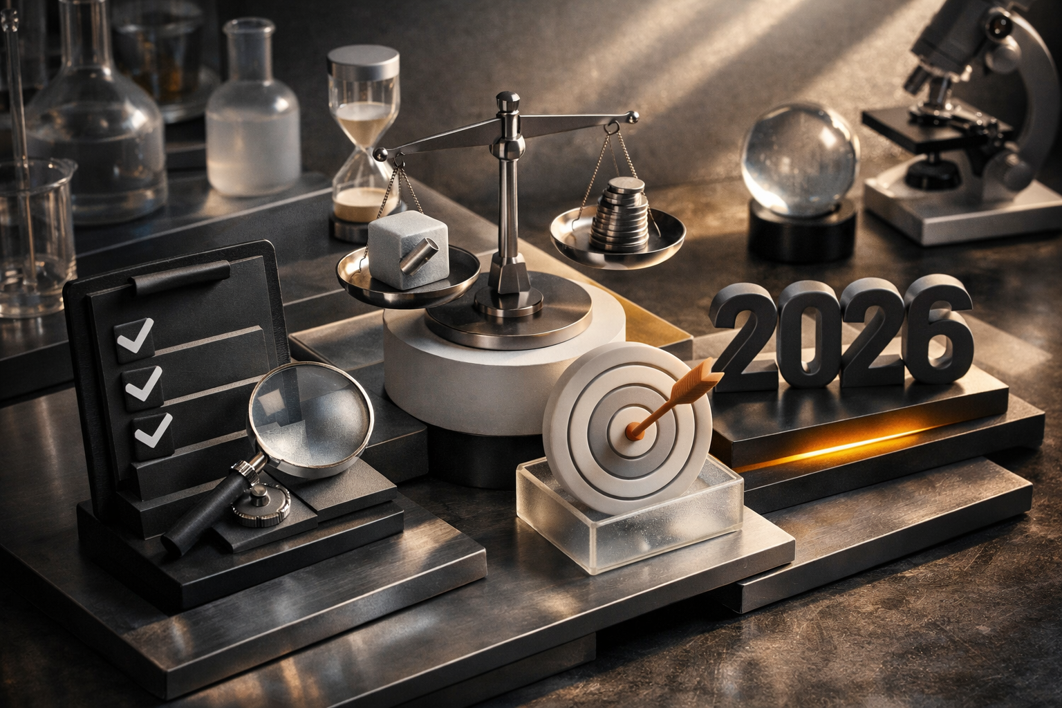 Art-directed laboratory tableau with polished metal, frosted glass, matte ceramics, and dramatic side light. Article title: "Удаленный доступ к компьютеру: Топ-7 программ 2026". Section focus: "Критерии выбора: Что реально важно в 2026". Concrete concept to visualize: Критерии, выбора, реально, важно, 2026. Invent a specific metaphor tied to this section only; do not fall back to generic AI brains, neon circuits, or random dashboards. Color direction: soft graphite, amber highlights, porcelain white, matte black. Camera: elevated 35mm view with strong leading lines and clear foreground-midground-background separation. Use tactile materials, layered objects, visual hierarchy, and premium editorial polish like a cover story interior spread. No people, no faces, no hands, no readable UI text, no logos, no watermark, no empty dark voids. 16:9 landscape.