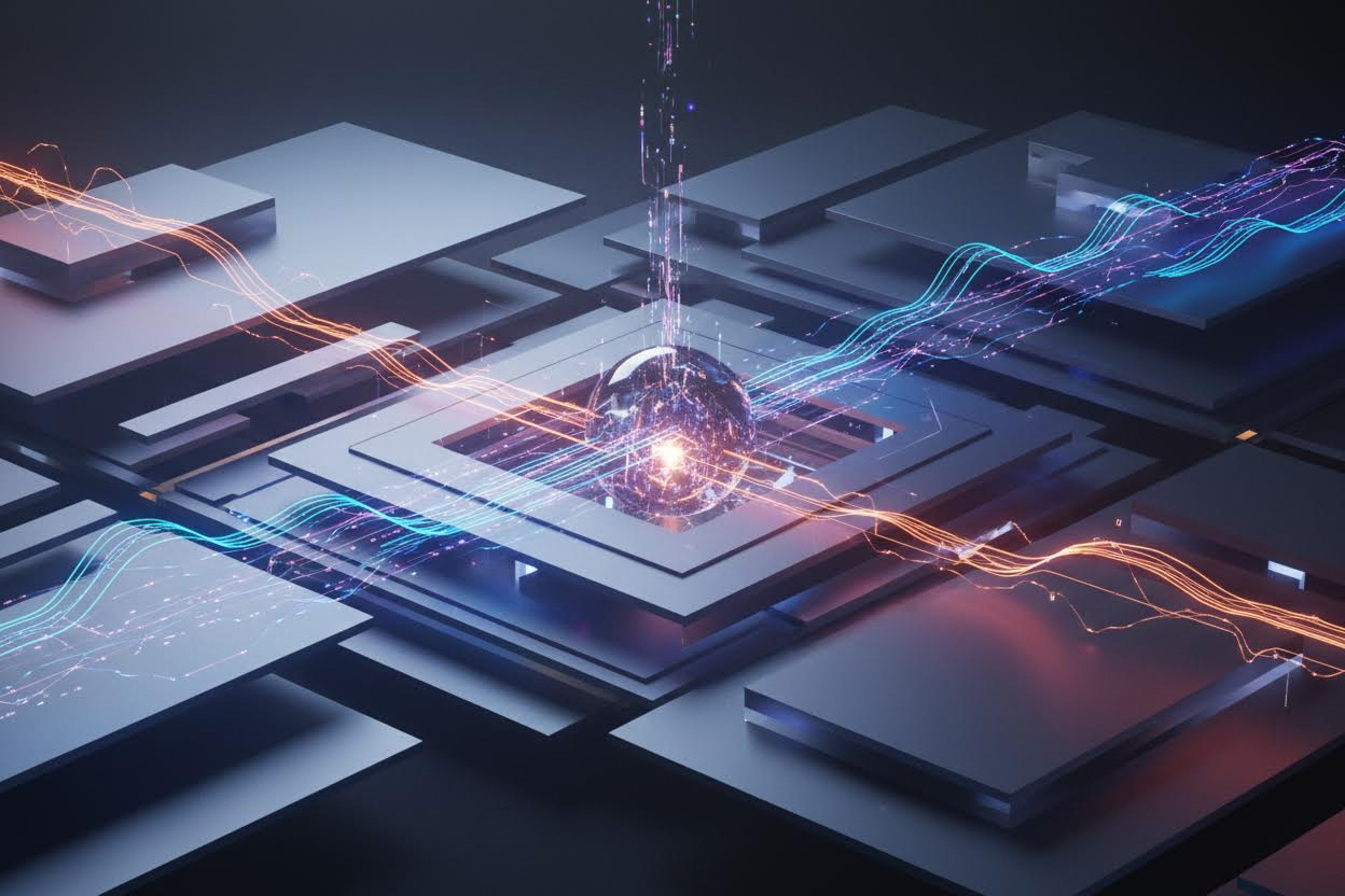 Premium editorial section illustration 2 for "Обзор лучших сервисов 2026 года" in context of "Нейросеть онлайн: лучшие сервисы, которые работают в браузере". Distinct visual angle, no people, no faces, layered product surfaces, abstract signals, cinematic light, crisp contrast, subject-focused, no text, no watermark, no logo, 16:9.