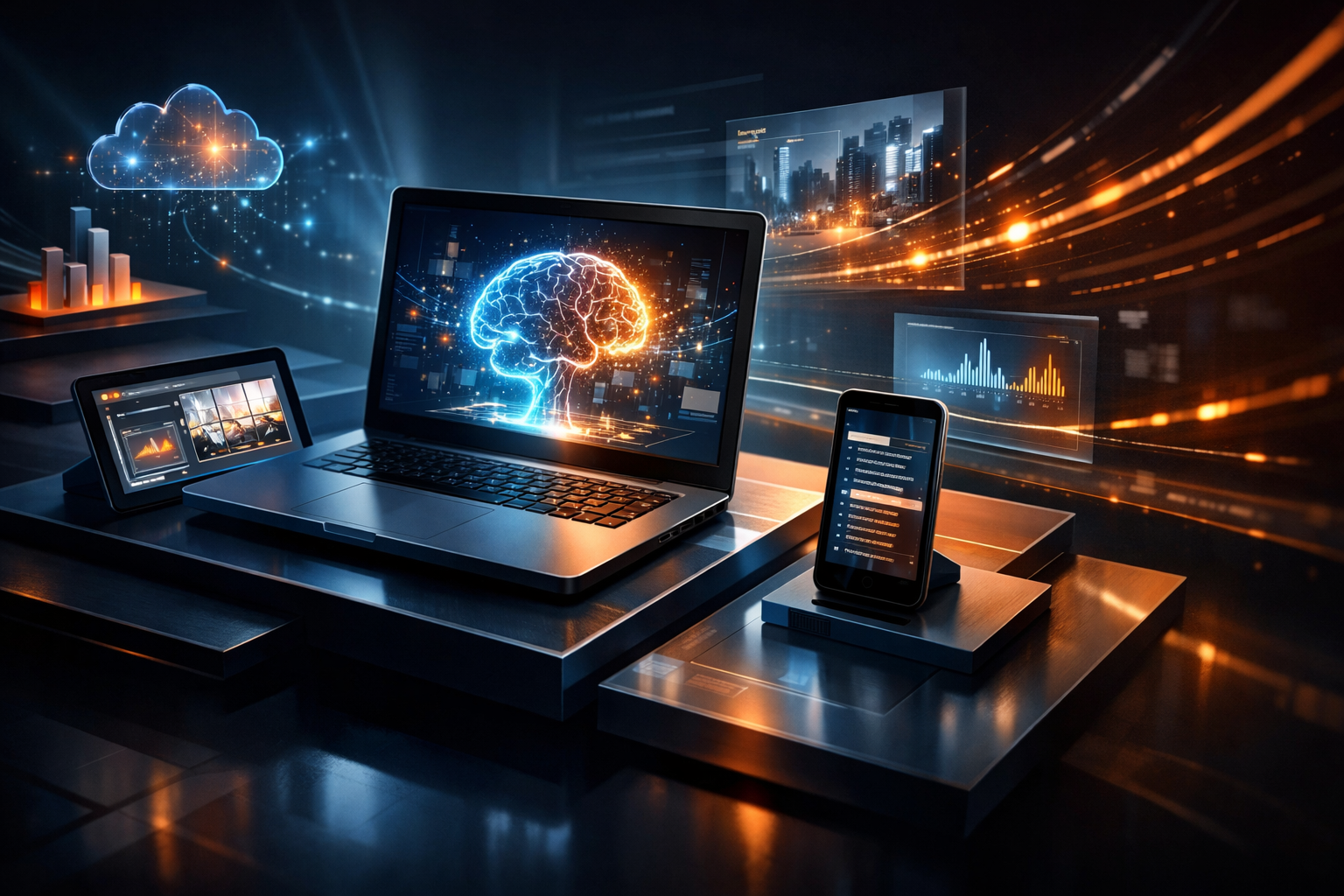 Premium editorial section illustration 1 for "Кому подходит сценарий онлайн-нейросети?" in context of "Нейросеть онлайн: лучшие сервисы для бизнеса в 2026 году". Distinct visual angle, no people, no faces, layered product surfaces, abstract signals, cinematic light, crisp contrast, subject-focused, no text, no watermark, no logo, 16:9.