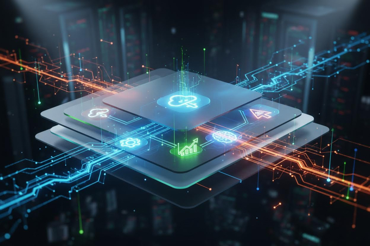 Premium editorial section illustration 2 for "Топ-5 сервисов для работы в браузере" in context of "Нейросеть онлайн: лучшие сервисы для бизнеса в 2026 году". Distinct visual angle, no people, no faces, layered product surfaces, abstract signals, cinematic light, crisp contrast, subject-focused, no text, no watermark, no logo, 16:9.