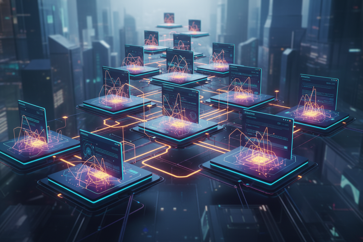 Premium editorial section illustration 2 for "Обзор лучших сервисов 2026 года" in context of "Нейросеть онлайн: лучшие сервисы для бизнеса в 2026". Distinct visual angle, no people, no faces, layered product surfaces, abstract signals, cinematic light, crisp contrast, subject-focused, no text, no watermark, no logo, 16:9.