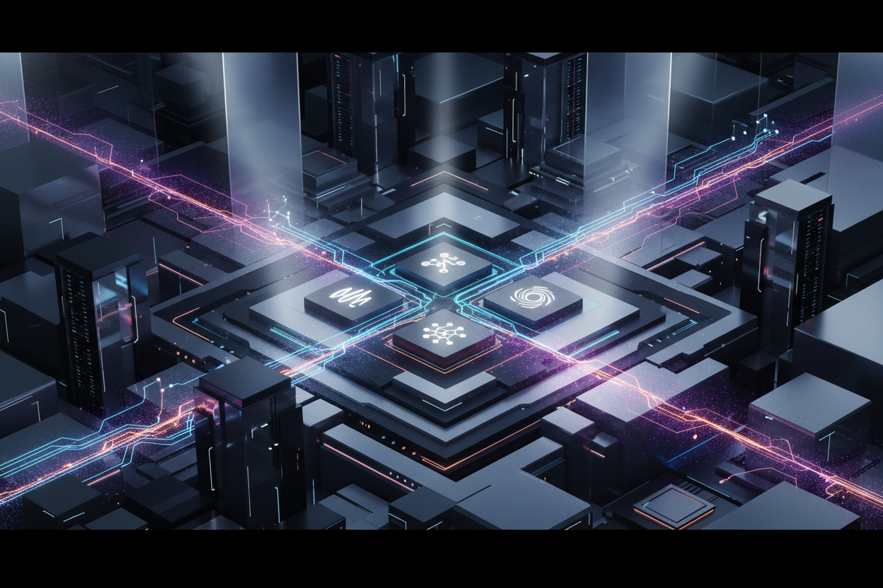 Premium editorial section illustration 2 for "Обзор рынка: топ-5 браузерных сервисов 2026" in context of "Нейросеть онлайн: лучшие сервисы, которые работают в браузере". Distinct visual angle, no people, no faces, layered product surfaces, abstract signals, cinematic light, crisp contrast, subject-focused, no text, no watermark, no logo, 16:9.