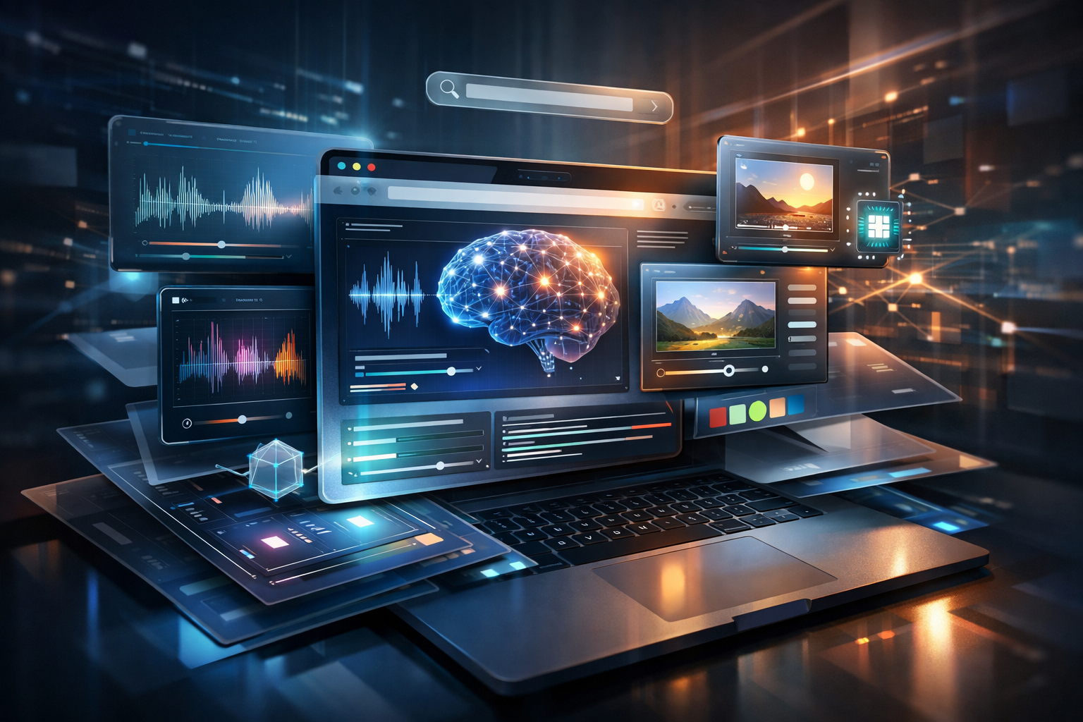 Multimedia setup featuring a laptop and a large monitor in a tech-savvy workspace.