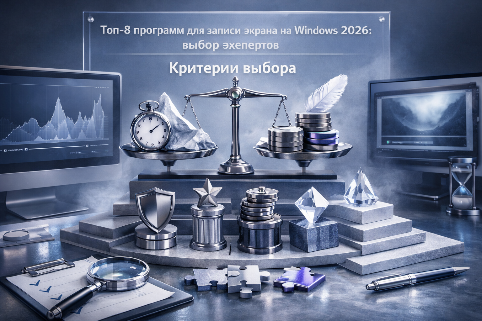 High-end desktop composition combining instruments, screens, and physical artifacts without readable interface text. Article title: "Топ-8 программ для записи экрана на Windows 2026: выбор экспертов". Section focus: "Критерии выбора". Concrete concept to visualize: Критерии, выбора. Invent a specific metaphor tied to this section only; do not fall back to generic AI brains, neon circuits, or random dashboards. Color direction: ice blue, violet gray, polished chrome, cloud white. Camera: side-on studio composition with dramatic rim light and subtle volumetric atmosphere. Use tactile materials, layered objects, visual hierarchy, and premium editorial polish like a cover story interior spread. No people, no faces, no hands, no readable UI text, no logos, no watermark, no empty dark voids. 16:9 landscape.