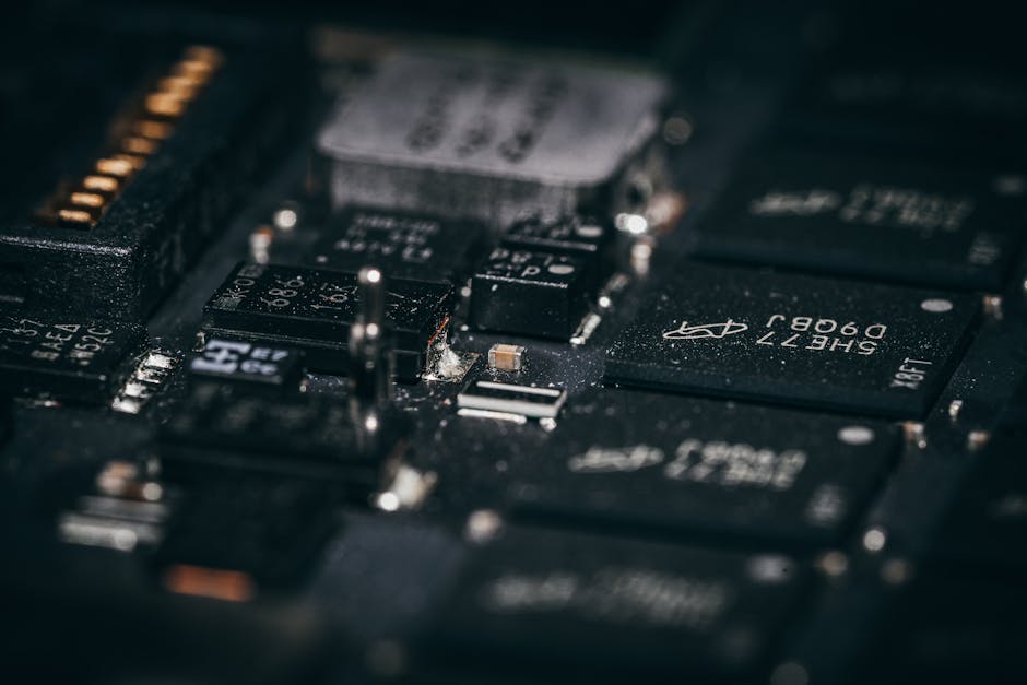 Detailed macro shot of electronic circuit components showcasing intricate design and layout.