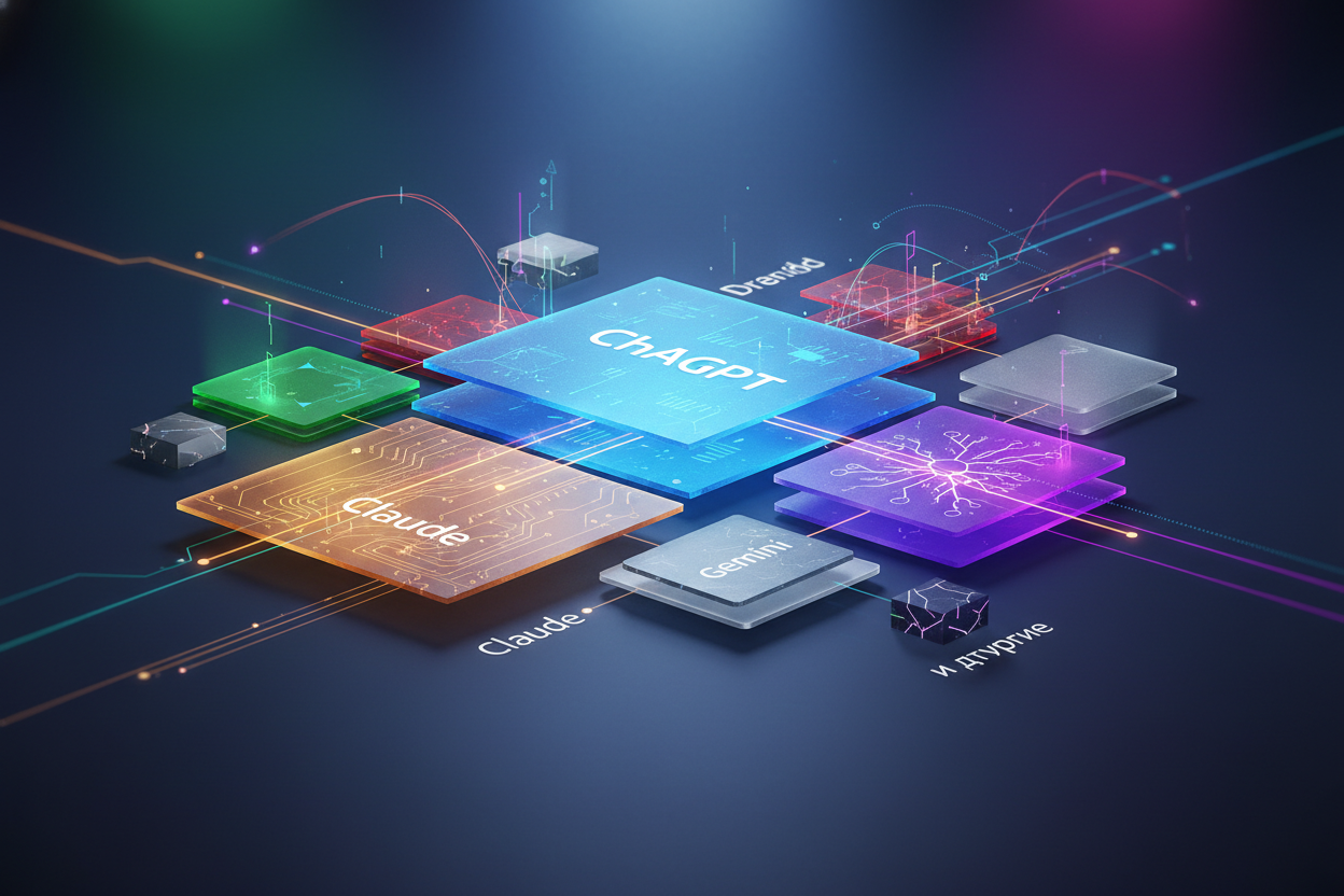 Premium editorial section illustration 2 for "Обзор топ-сервисов 2026: ChatGPT, Claude, Gemini и другие" in context of "Нейросеть для текста: лучшие сервисы для статей, постов и писем в 2026". Distinct visual angle, no people, no faces, layered product surfaces, abstract signals, cinematic light, crisp contrast, subject-focused, no text, no watermark, no logo, 16:9.