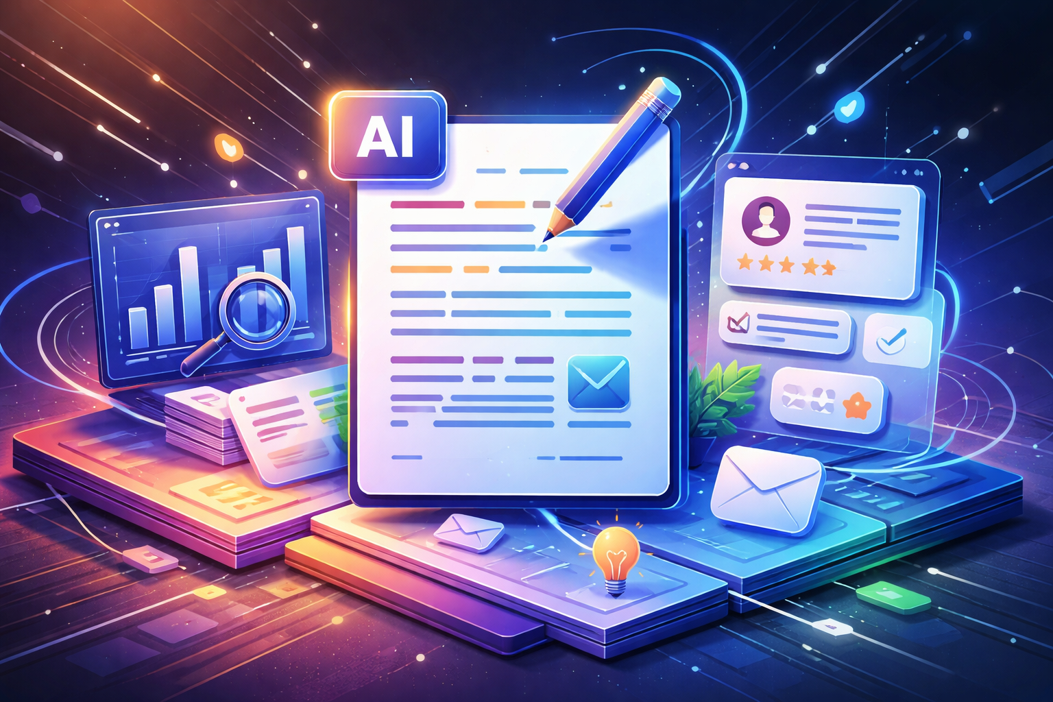 Premium editorial section illustration 1 for "Кому подходит сценарий использования нейросетей для текста?" in context of "Нейросеть для текста: лучшие сервисы для статей, постов и писем". Distinct visual angle, no people, no faces, layered product surfaces, abstract signals, cinematic light, crisp contrast, subject-focused, no text, no watermark, no logo, 16:9.