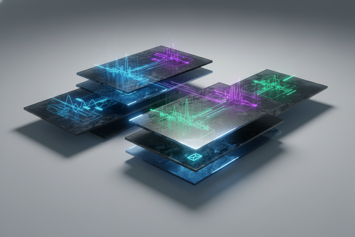 Premium editorial section illustration 2 for "Обзор лучших сервисов нейросетей для текста в 2026 году" in context of "Нейросеть для текста: лучшие сервисы для статей, постов и писем". Distinct visual angle, no people, no faces, layered product surfaces, abstract signals, cinematic light, crisp contrast, subject-focused, no text, no watermark, no logo, 16:9.