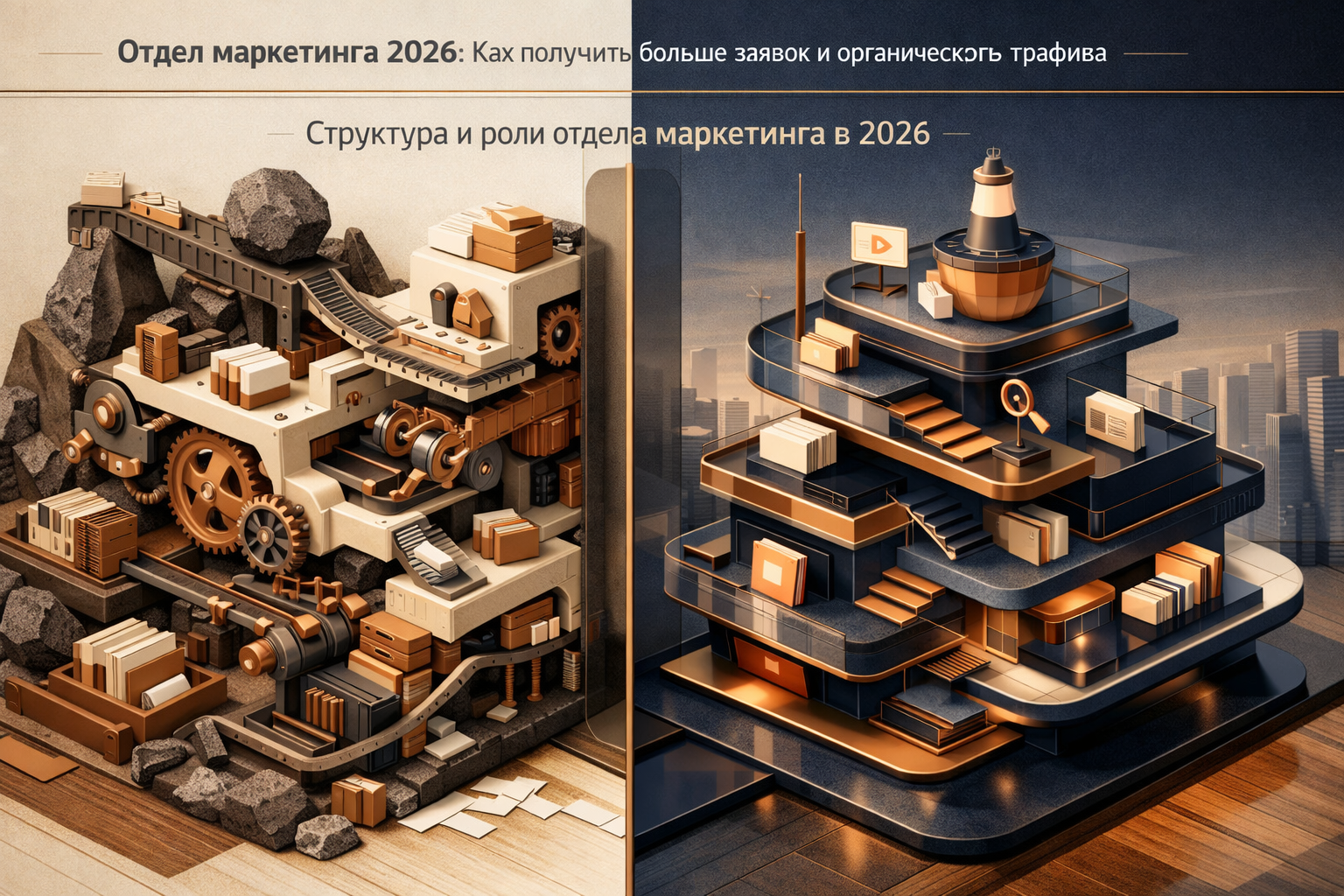 Split-frame systems narrative showing friction versus leverage, with a clean dividing structure and layered depth. Article title: "Отдел маркетинга 2026: Как получить больше заявок и органического трафика". Section focus: "Структура и роли отдела маркетинга в 2026". Concrete concept to visualize: Структура, роли, отдела, маркетинга, 2026. Invent a specific metaphor tied to this section only; do not fall back to generic AI brains, neon circuits, or random dashboards. Color direction: warm ivory, copper, deep navy, smoked glass. Camera: elevated 35mm view with strong leading lines and clear foreground-midground-background separation. Use tactile materials, layered objects, visual hierarchy, and premium editorial polish like a cover story interior spread. No people, no faces, no hands, no readable UI text, no logos, no watermark, no empty dark voids. 16:9 landscape.