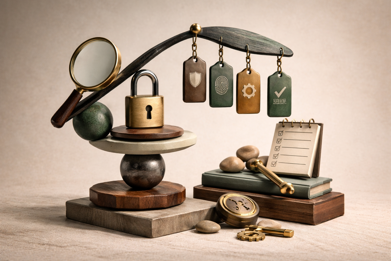 Kinetic sculpture made from topic-specific objects, balanced asymmetry, and intentional visual tension. Article title: "Топ-7 менеджеров паролей для Windows и телефона в 2026 году". Section focus: "Критерии выбора менеджера паролей в 2026". Concrete concept to visualize: Критерии, выбора, менеджера, паролей, 2026. Invent a specific metaphor tied to this section only; do not fall back to generic AI brains, neon circuits, or random dashboards. Color direction: sand beige, eucalyptus green, oxidized metal, dark walnut. Camera: close-up 50mm product editorial shot, shallow depth but readable scene hierarchy. Use tactile materials, layered objects, visual hierarchy, and premium editorial polish like a cover story interior spread. No people, no faces, no hands, no readable UI text, no logos, no watermark, no empty dark voids. 16:9 landscape.