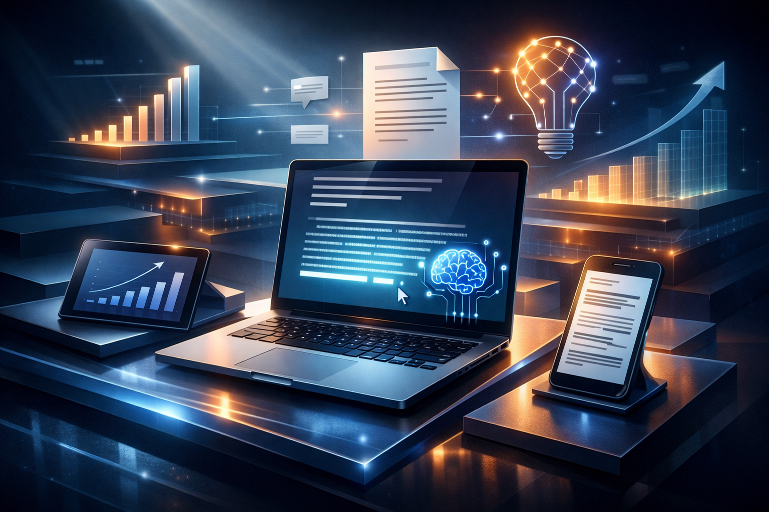 Premium editorial section illustration 1 for "Кому подходит ИИ для текста: сценарии и ROI" in context of "ИИ для текста: 12 сервисов для статей, постов и описаний". Distinct visual angle, no people, no faces, layered product surfaces, abstract signals, cinematic light, crisp contrast, subject-focused, no text, no watermark, no logo, 16:9.