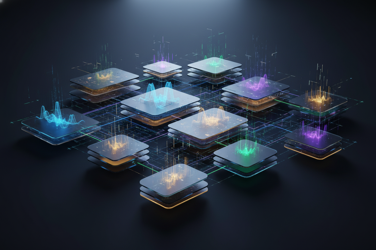 Premium editorial section illustration 2 for "12 сервисов ИИ для текста: обзор и сравнение" in context of "ИИ для текста: 12 сервисов для статей, постов и описаний в 2026". Distinct visual angle, no people, no faces, layered product surfaces, abstract signals, cinematic light, crisp contrast, subject-focused, no text, no watermark, no logo, 16:9.