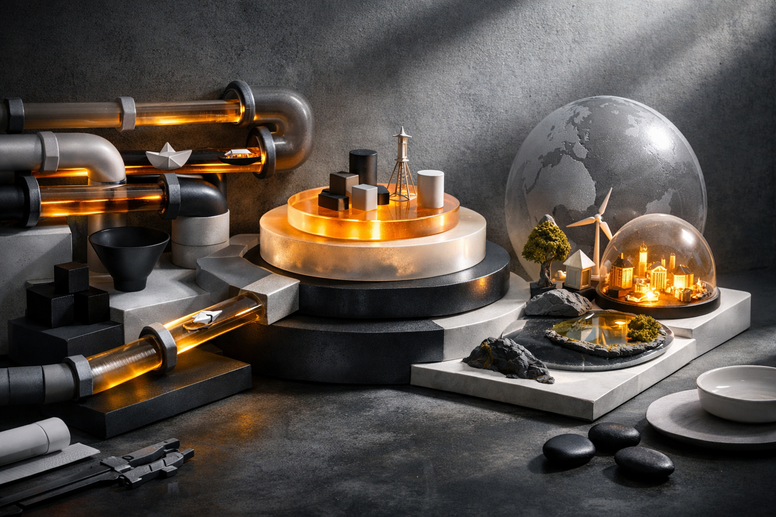 Art-directed laboratory tableau with polished metal, frosted glass, matte ceramics, and dramatic side light. Article title: "Интернет-маркетинг 2026: Как масштабировать заявки и трафик". Section focus: "Стратегический фреймворк: От каналов к экосистеме". Concrete concept to visualize: Стратегический, фреймворк, каналов, экосистеме. Invent a specific metaphor tied to this section only; do not fall back to generic AI brains, neon circuits, or random dashboards. Color direction: soft graphite, amber highlights, porcelain white, matte black. Camera: side-on studio composition with dramatic rim light and subtle volumetric atmosphere. Use tactile materials, layered objects, visual hierarchy, and premium editorial polish like a cover story interior spread. No people, no faces, no hands, no readable UI text, no logos, no watermark, no empty dark voids. 16:9 landscape.