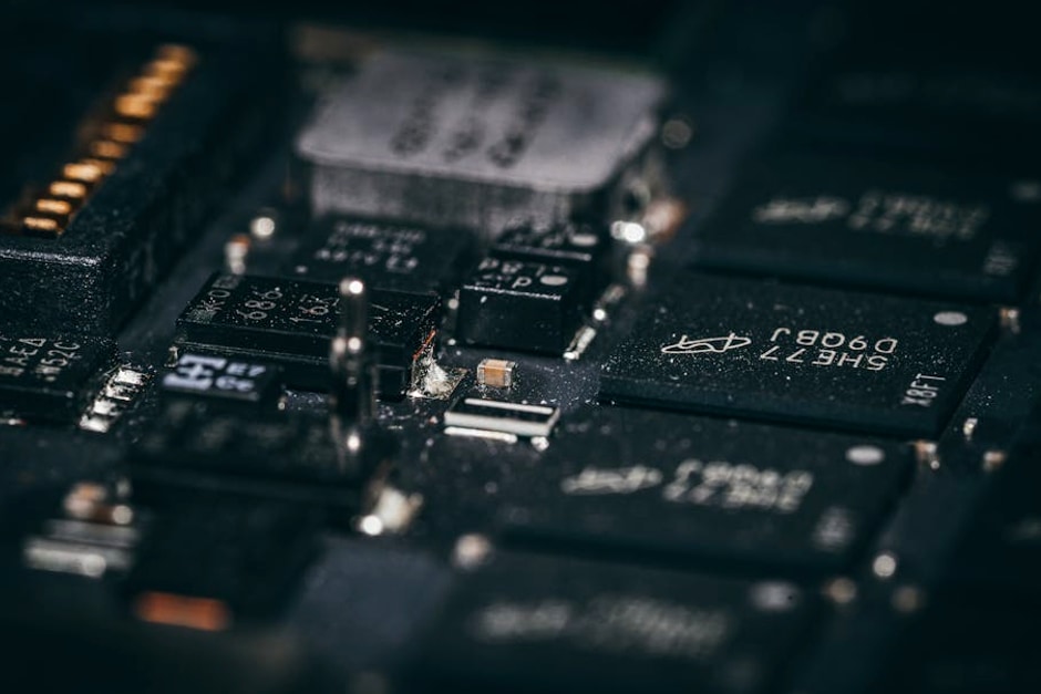 Detailed macro shot of electronic circuit components showcasing intricate design and layout.
