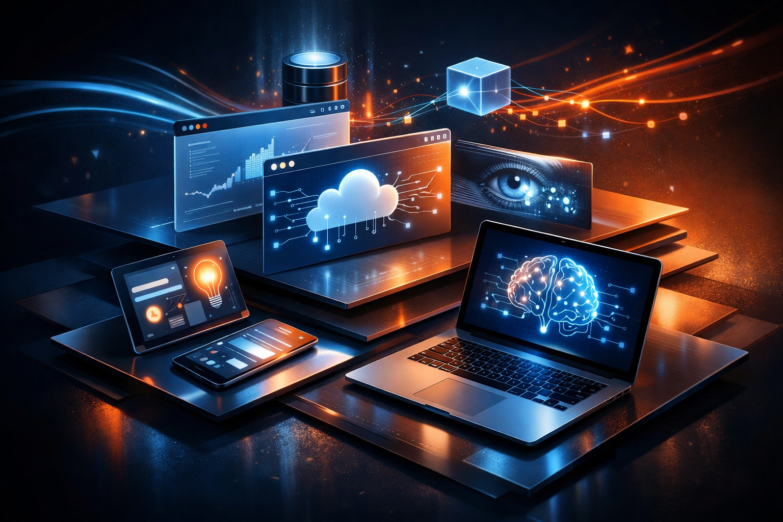 Premium editorial section illustration 1 for "Кому подходит ИИ онлайн: стратегический фреймворк" in context of "ИИ онлайн: лучшие сервисы, открывающиеся в браузере". Distinct visual angle, no people, no faces, layered product surfaces, abstract signals, cinematic light, crisp contrast, subject-focused, no text, no watermark, no logo, 16:9.