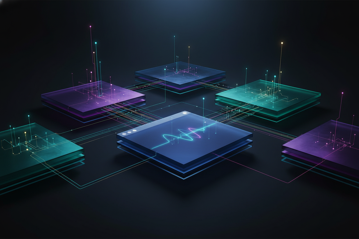 Premium editorial section illustration 2 for "ТОП-5 сервисов ИИ онлайн для бизнеса в 2026" in context of "ИИ онлайн: лучшие сервисы, открывающиеся в браузере". Distinct visual angle, no people, no faces, layered product surfaces, abstract signals, cinematic light, crisp contrast, subject-focused, no text, no watermark, no logo, 16:9.