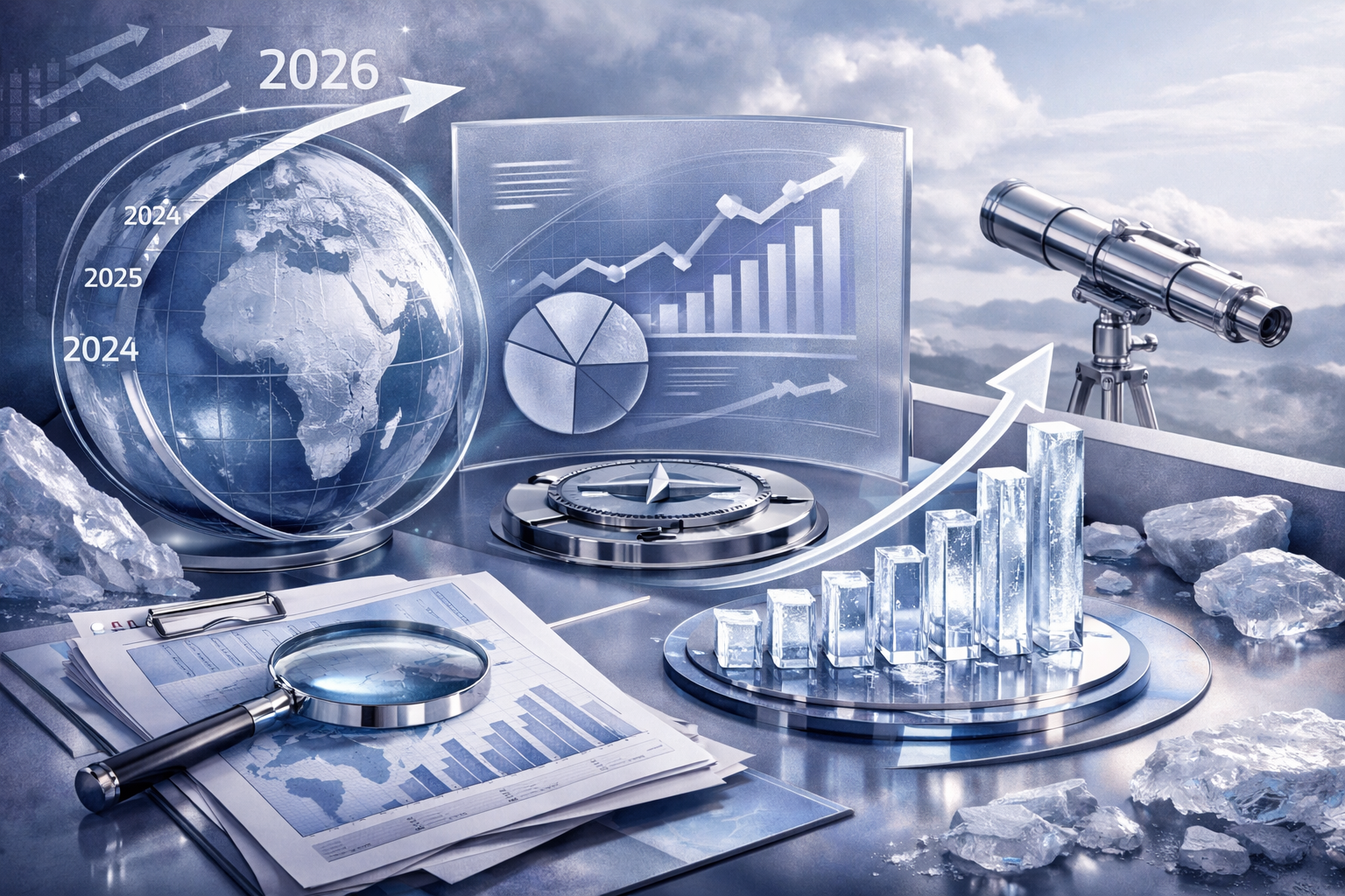 Transformation timeline scene with staged objects, motion residue, and cinematic before/after contrast. Article title: "Какой бизнес открыть в 2026: 7 шагов для руководителя и команды". Section focus: "Шаг 1: Анализ рынка и трендов 2026". Concrete concept to visualize: Анализ, рынка, трендов, 2026. Invent a specific metaphor tied to this section only; do not fall back to generic AI brains, neon circuits, or random dashboards. Color direction: ice blue, violet gray, polished chrome, cloud white. Camera: elevated 35mm view with strong leading lines and clear foreground-midground-background separation. Use tactile materials, layered objects, visual hierarchy, and premium editorial polish like a cover story interior spread. No people, no faces, no hands, no readable UI text, no logos, no watermark, no empty dark voids. 16:9 landscape.