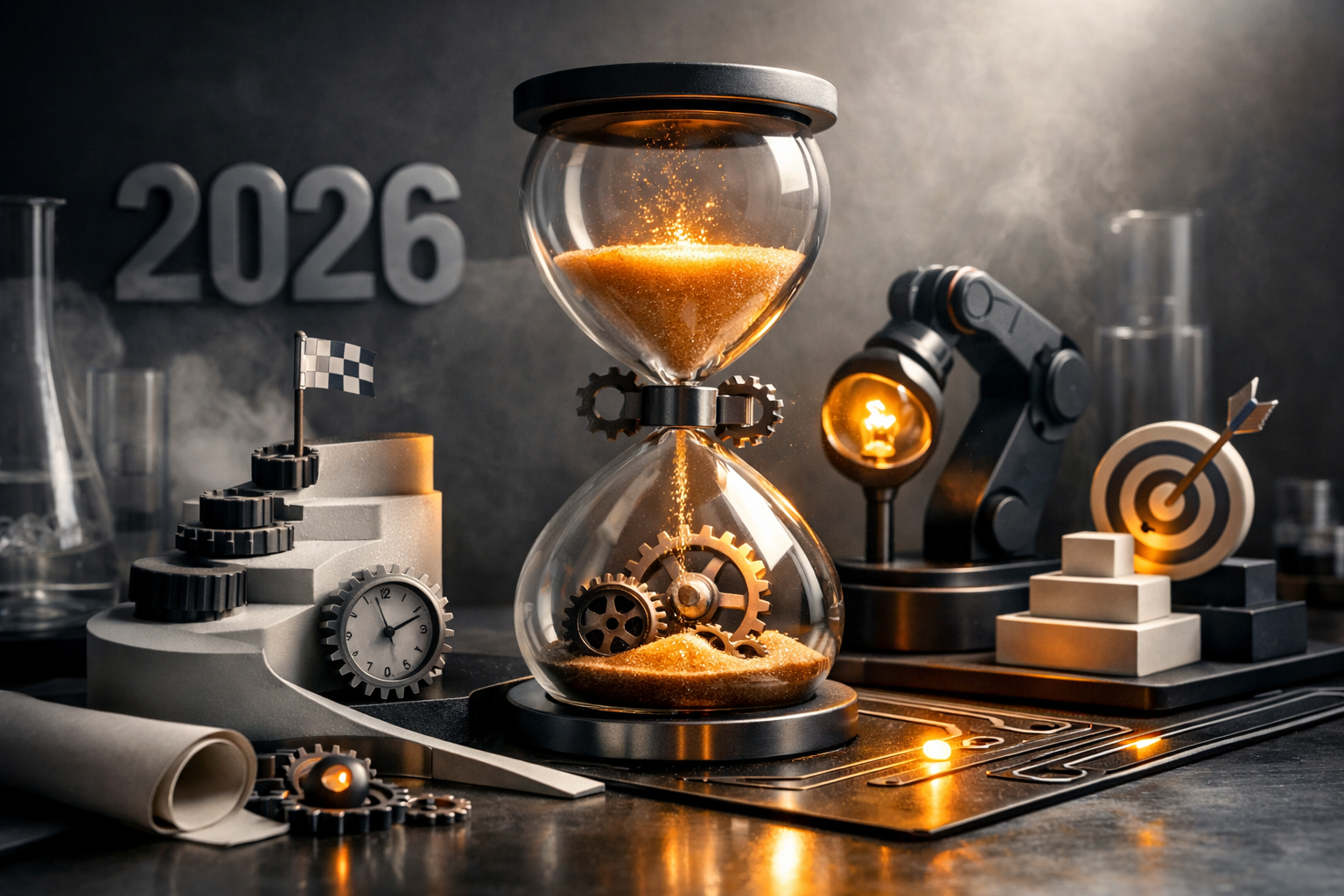 Art-directed laboratory tableau with polished metal, frosted glass, matte ceramics, and dramatic side light. Article title: "Автоматизация бизнеса 2026: практический план для руководителя и команды". Section focus: "Почему автоматизация — это не тренд, а необходимость в 2026". Concrete concept to visualize: Почему, автоматизация, тренд, необходимость, 2026. Invent a specific metaphor tied to this section only; do not fall back to generic AI brains, neon circuits, or random dashboards. Color direction: soft graphite, amber highlights, porcelain white, matte black. Camera: close-up 50mm product editorial shot, shallow depth but readable scene hierarchy. Use tactile materials, layered objects, visual hierarchy, and premium editorial polish like a cover story interior spread. No people, no faces, no hands, no readable UI text, no logos, no watermark, no empty dark voids. 16:9 landscape.