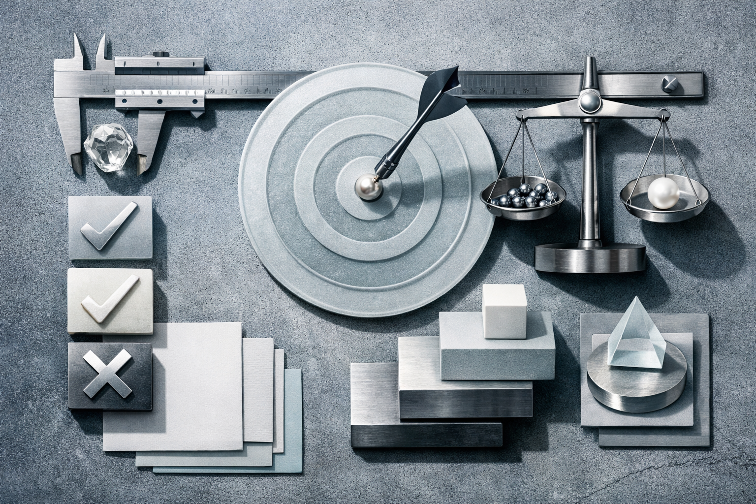 Macro editorial still life with premium materials, precise reflections, sculpted shadows, and hidden micro-details. Article title: "Восстановление удаленных файлов: Топ-10 инструментов 2026". Section focus: "Критерии выбора: Что реально важно?". Concrete concept to visualize: Критерии, выбора, реально, важно. Invent a specific metaphor tied to this section only; do not fall back to generic AI brains, neon circuits, or random dashboards. Color direction: cool slate, pearl white, muted cyan, brushed steel. Camera: top-down flat lay with structured geometry and intentional rhythm between objects. Use tactile materials, layered objects, visual hierarchy, and premium editorial polish like a cover story interior spread. No people, no faces, no hands, no readable UI text, no logos, no watermark, no empty dark voids. 16:9 landscape.