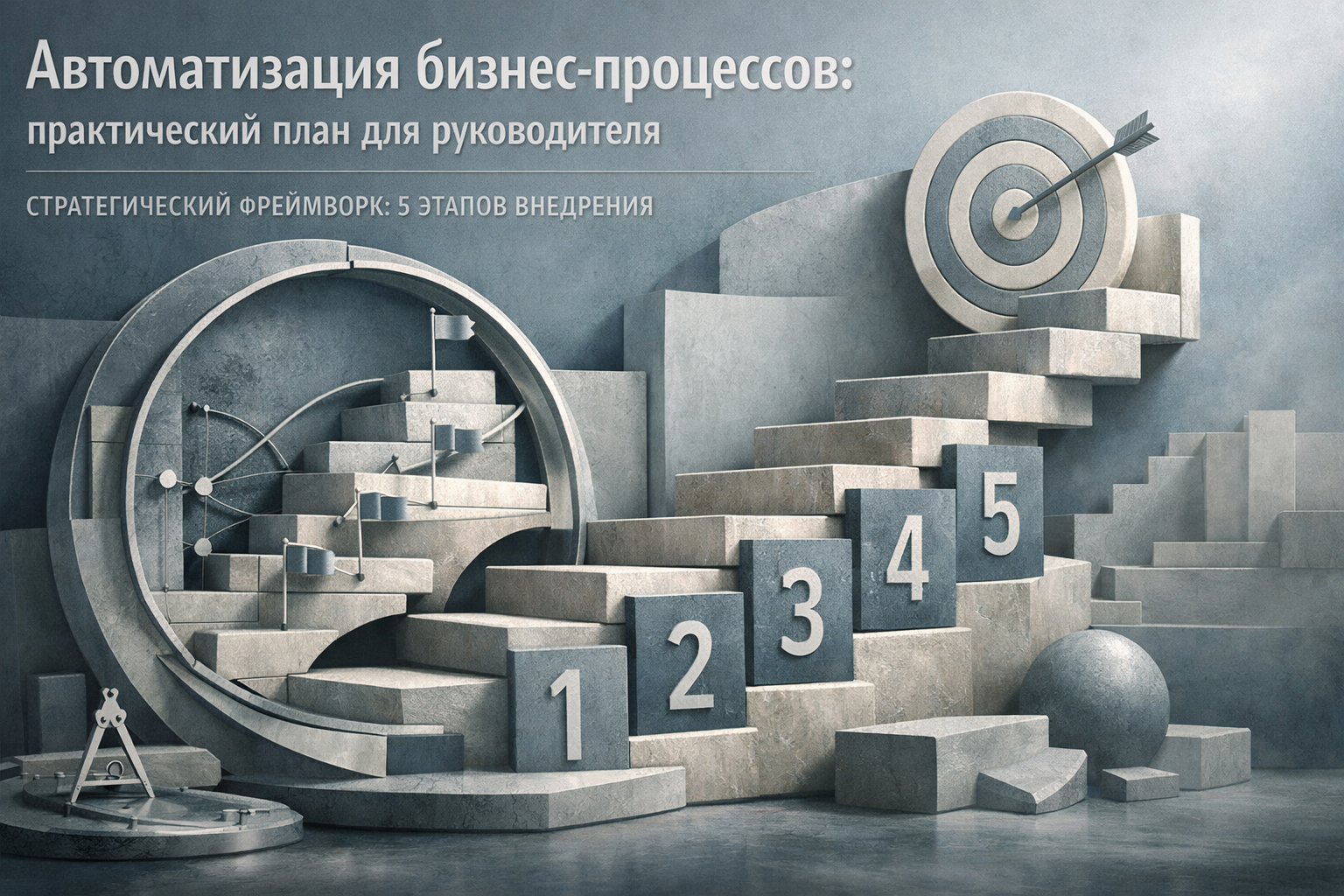 Architectural elevation scene with layered frames, structural rhythm, and editorial poster discipline. Article title: "Автоматизация бизнес-процессов: практический план для руководителя". Section focus: "Стратегический фреймворк: 5 этапов внедрения". Concrete concept to visualize: Стратегический, фреймворк, этапов, внедрения. Invent a specific metaphor tied to this section only; do not fall back to generic AI brains, neon circuits, or random dashboards. Color direction: fog blue, desaturated teal, silver accents, pale stone. Camera: side-on studio composition with dramatic rim light and subtle volumetric atmosphere. Use tactile materials, layered objects, visual hierarchy, and premium editorial polish like a cover story interior spread. No people, no faces, no hands, no readable UI text, no logos, no watermark, no empty dark voids. 16:9 landscape.