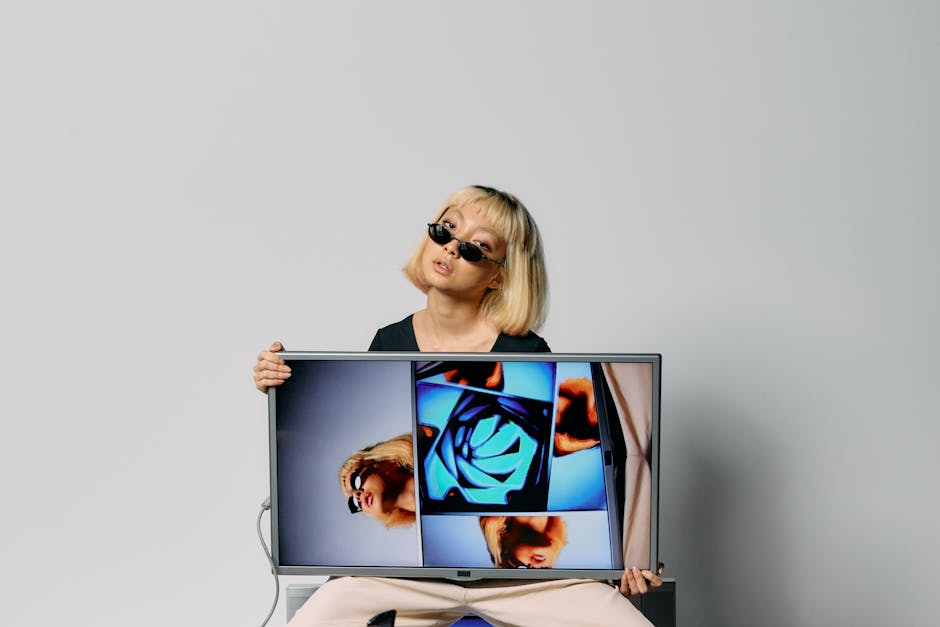 Stylish fashion model poses with an artistic monitor display on a plain white background.