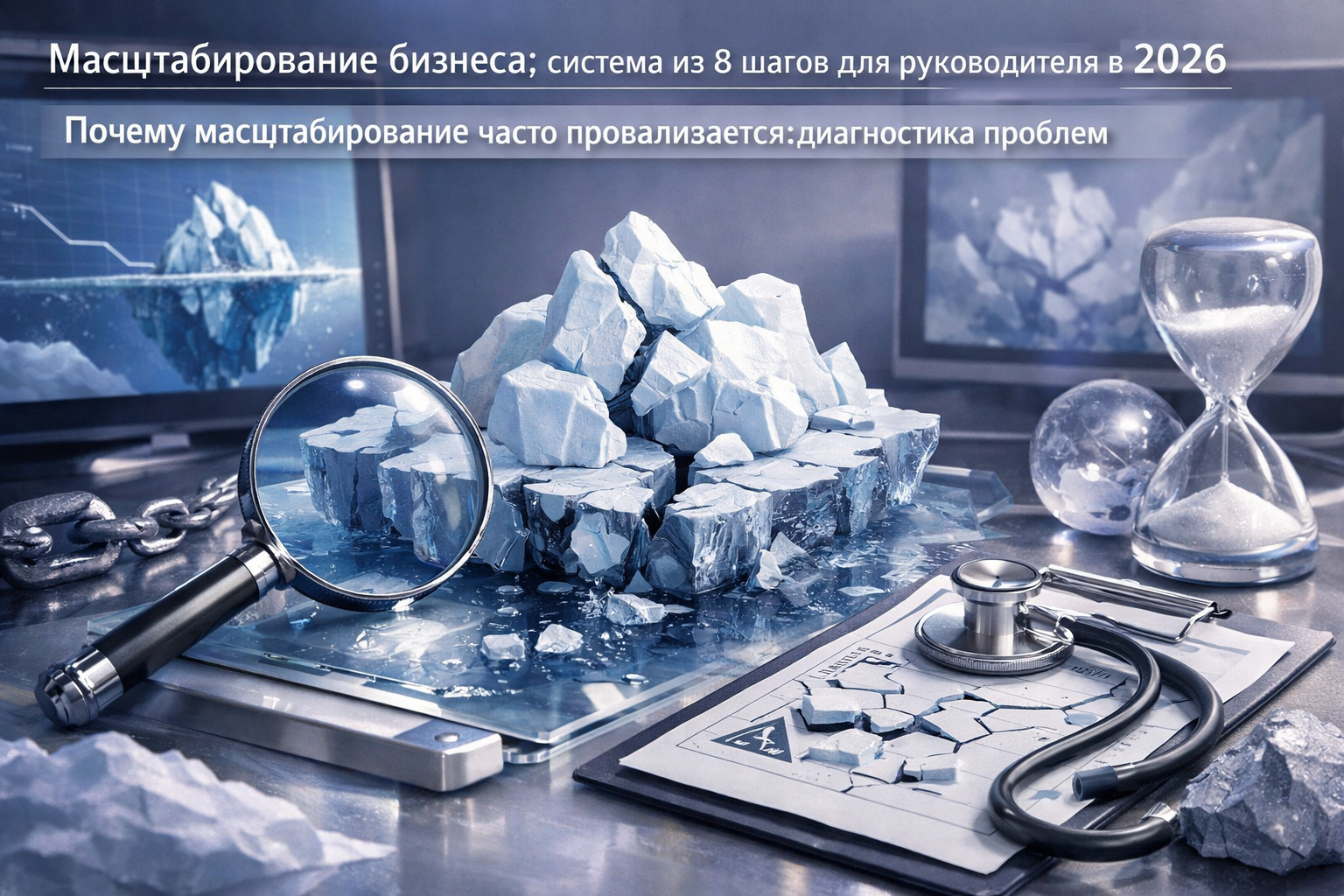 High-end desktop composition combining instruments, screens, and physical artifacts without readable interface text. Article title: "Масштабирование бизнеса: система из 8 шагов для руководителя в 2026". Section focus: "Почему масштабирование часто проваливается: диагностика проблем". Concrete concept to visualize: Почему, масштабирование, часто, проваливается, диагностика. Invent a specific metaphor tied to this section only; do not fall back to generic AI brains, neon circuits, or random dashboards. Color direction: ice blue, violet gray, polished chrome, cloud white. Camera: close-up 50mm product editorial shot, shallow depth but readable scene hierarchy. Use tactile materials, layered objects, visual hierarchy, and premium editorial polish like a cover story interior spread. No people, no faces, no hands, no readable UI text, no logos, no watermark, no empty dark voids. 16:9 landscape.