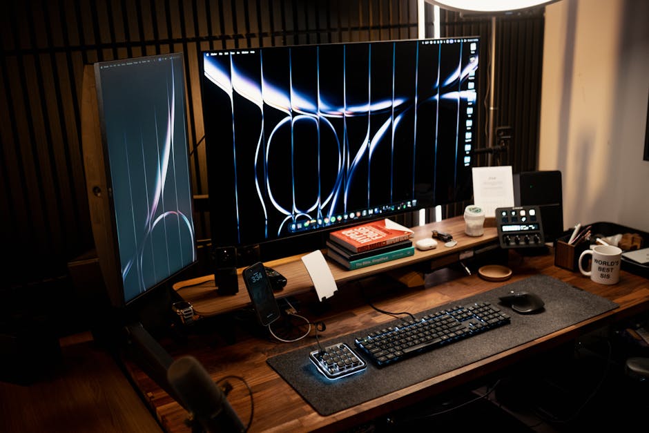 A stylish and modern home office setup featuring dual monitors, books, keyboard, and decor on a wooden desk.