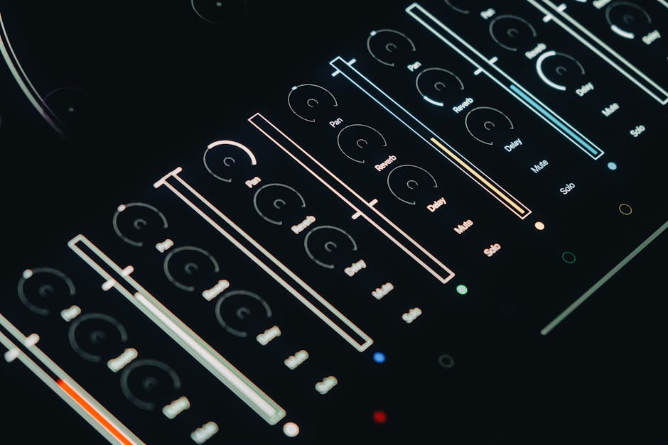 Close-up of a modern audio mixer interface with illuminated controls, embodying future technology and sleek design.