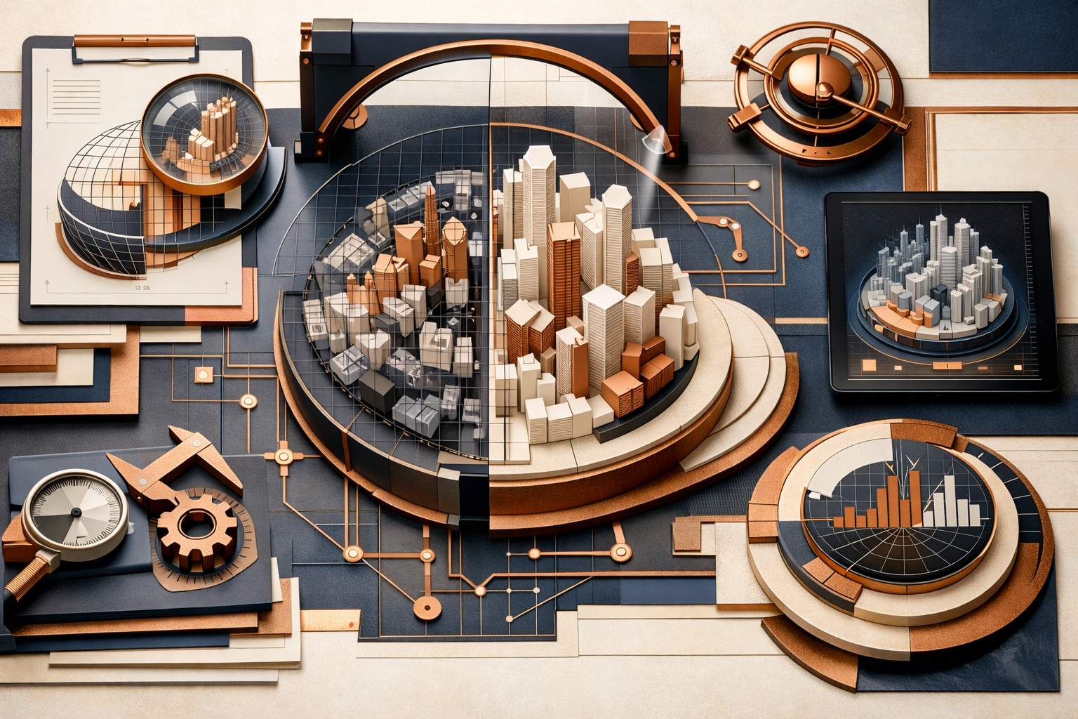 Signal-map composition where pathways, anchors, and control points form a high-end systems metaphor. Article title: "AI в продажах: как увеличить выручку на 40% в 2026". Section focus: "Стратегический фреймворк внедрения AI". Concrete concept to visualize: Стратегический, фреймворк, внедрения. Invent a specific metaphor tied to this section only; do not fall back to generic AI brains, neon circuits, or random dashboards. Color direction: warm ivory, copper, deep navy, smoked glass. Camera: top-down flat lay with structured geometry and intentional rhythm between objects. Use tactile materials, layered objects, visual hierarchy, and premium editorial polish like a cover story interior spread. No people, no faces, no hands, no readable UI text, no logos, no watermark, no empty dark voids. 16:9 landscape.