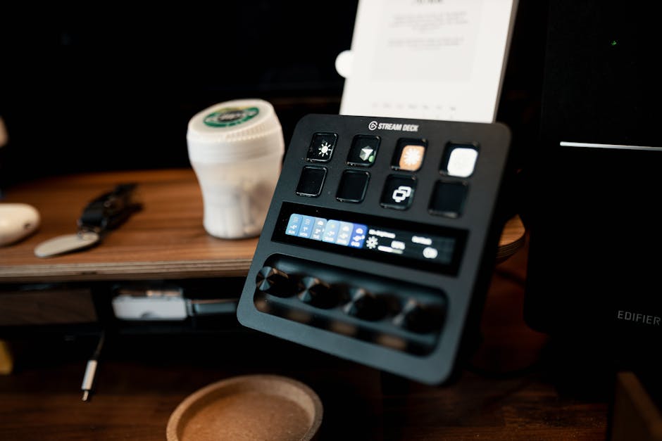 A Stream Deck on a wooden desk, featuring various buttons and controls in a home studio setup.