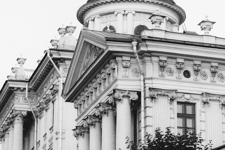 Elegant baroque architecture of the Pashkov House in Moscow, beautifully captured in black and white.
