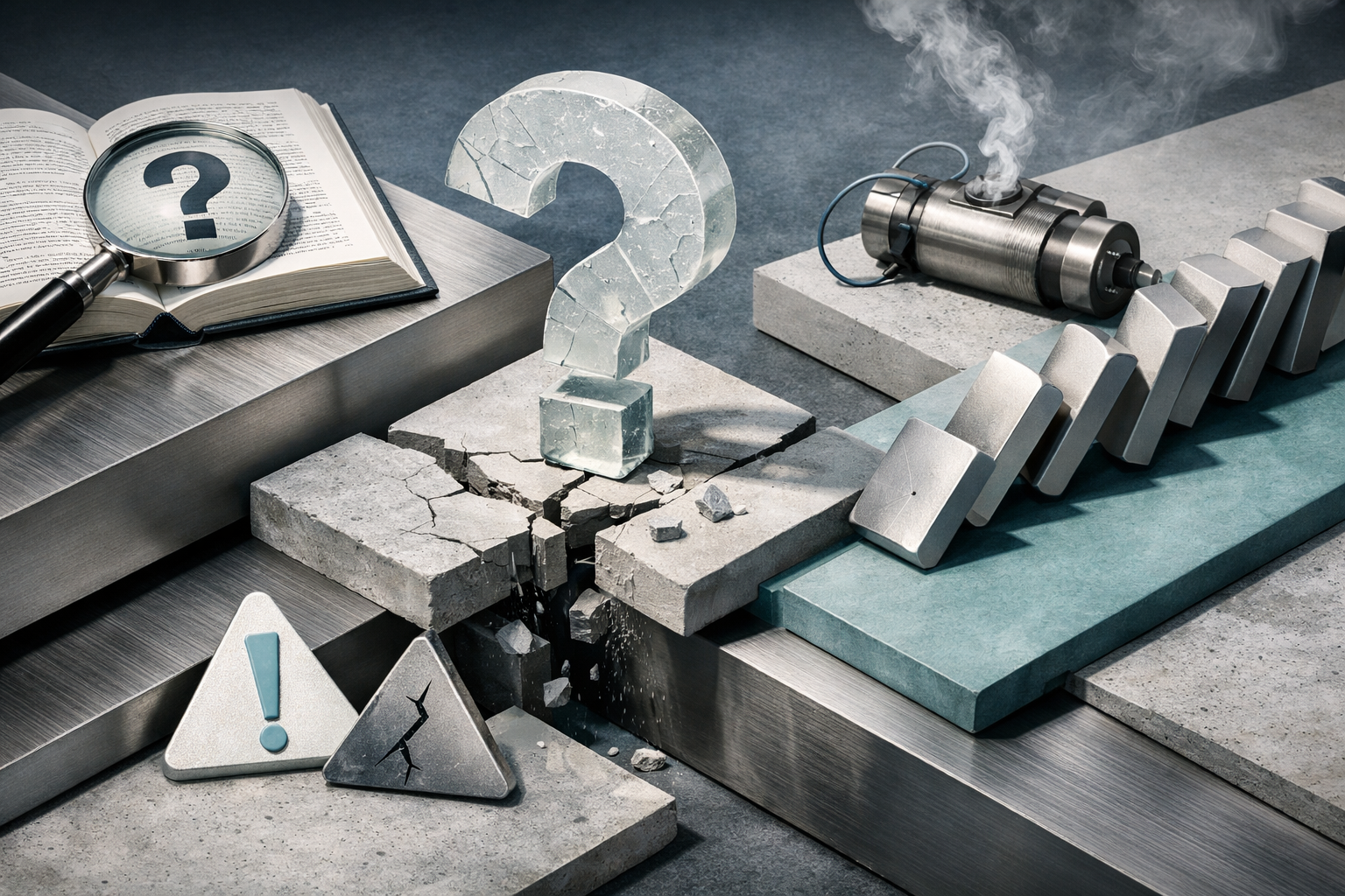 Macro editorial still life with premium materials, precise reflections, sculpted shadows, and hidden micro-details. Article title: "Ошибка api-ms-win-crt-runtime-l1-1-0.dll: Полное руководство по исправлению в 2026". Section focus: "Что означает ошибка и почему возникает". Concrete concept to visualize: означает, ошибка, почему, возникает. Invent a specific metaphor tied to this section only; do not fall back to generic AI brains, neon circuits, or random dashboards. Color direction: cool slate, pearl white, muted cyan, brushed steel. Camera: elevated 35mm view with strong leading lines and clear foreground-midground-background separation. Use tactile materials, layered objects, visual hierarchy, and premium editorial polish like a cover story interior spread. No people, no faces, no hands, no readable UI text, no logos, no watermark, no empty dark voids. 16:9 landscape.