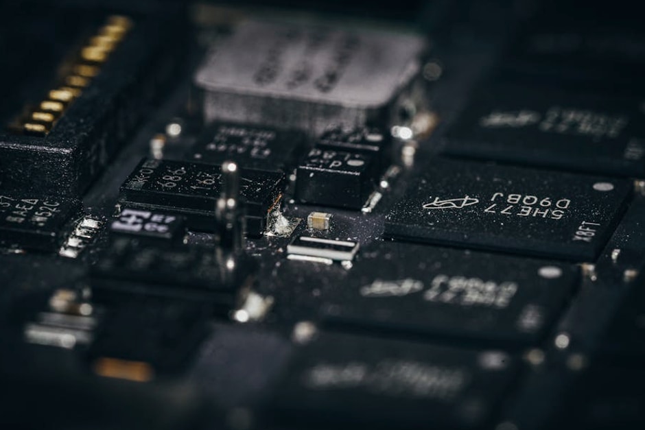 Detailed macro shot of electronic circuit components showcasing intricate design and layout.