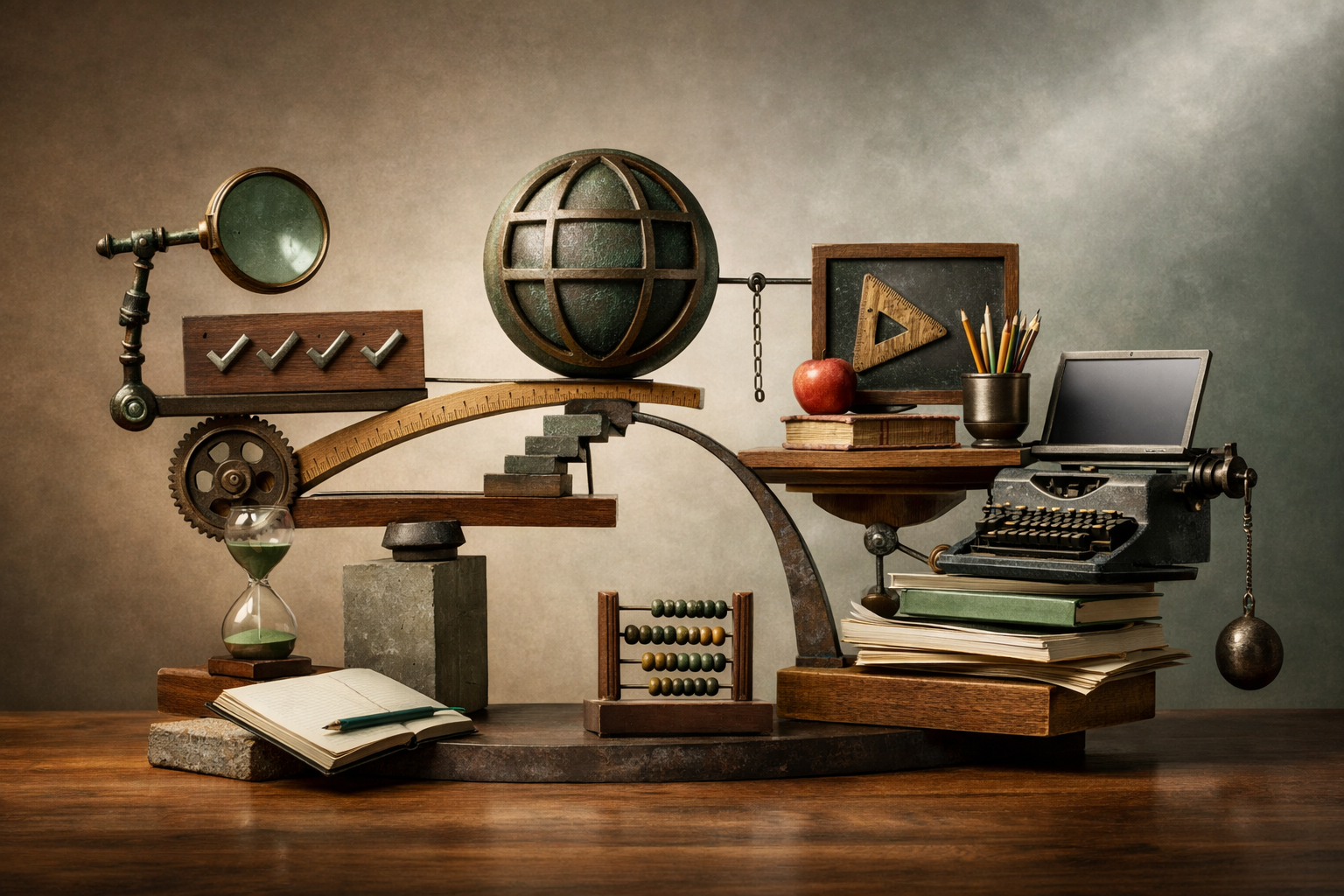 Kinetic sculpture made from topic-specific objects, balanced asymmetry, and intentional visual tension. Article title: "Лучший браузер для работы и учебы 2026: топ-8 с вкладками, PDF и переводом". Section focus: "Критерии выбора браузера для работы и учебы". Concrete concept to visualize: Критерии, выбора, браузера, работы, учебы. Invent a specific metaphor tied to this section only; do not fall back to generic AI brains, neon circuits, or random dashboards. Color direction: sand beige, eucalyptus green, oxidized metal, dark walnut. Camera: side-on studio composition with dramatic rim light and subtle volumetric atmosphere. Use tactile materials, layered objects, visual hierarchy, and premium editorial polish like a cover story interior spread. No people, no faces, no hands, no readable UI text, no logos, no watermark, no empty dark voids. 16:9 landscape.