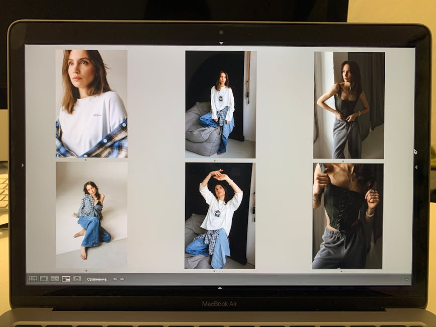 Close-up view of a laptop displaying fashion model photos in studio.