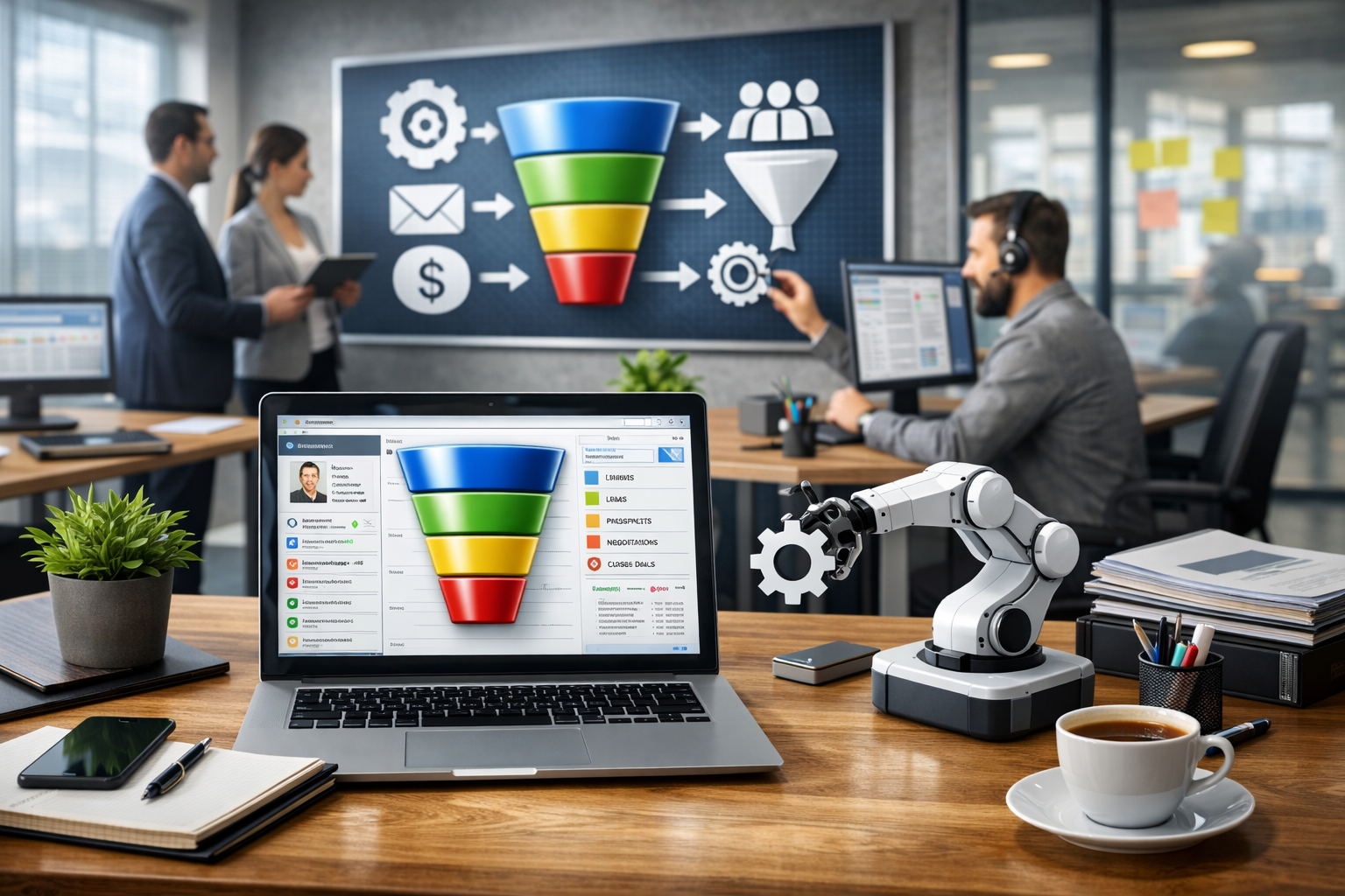 Editorial section illustration for "1. Автоматизация CRM и воронки продаж" in context of "10 автоматизаций, которые нужны каждому бизнесу". Subject-focused composition, realistic business environment, crisp details, natural contrast, no text, no watermark, no logo, no empty background, 16:9.