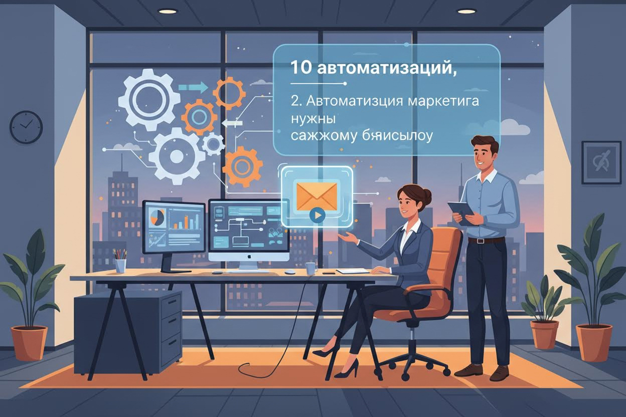 Editorial section illustration for "2. Автоматизация маркетинга и email-рассылок" in context of "10 автоматизаций, которые нужны каждому бизнесу". Subject-focused composition, realistic business environment, crisp details, natural contrast, no text, no watermark, no logo, no empty background, 16:9.