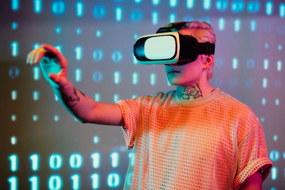 A person experiences virtual reality with a headset against a background of binary code.