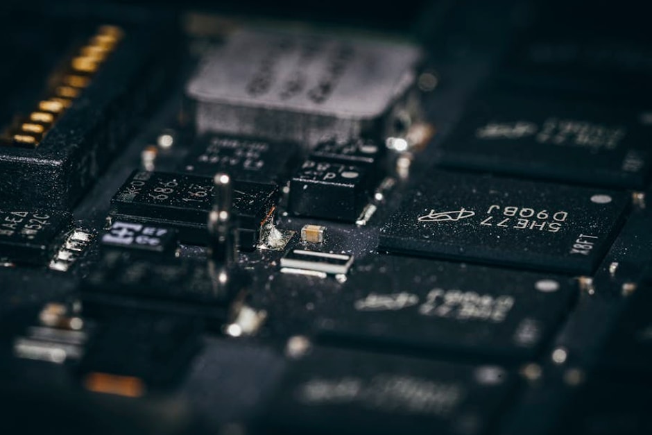 Detailed macro shot of electronic circuit components showcasing intricate design and layout.