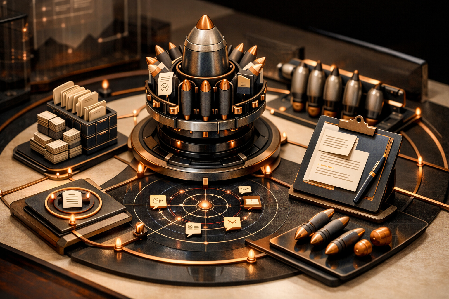 Signal-map composition where pathways, anchors, and control points form a high-end systems metaphor. Article title: "Маркетинг услуг: 7 фреймворков для роста трафика и заявок". Section focus: "Фреймворк 1: Система контент-бомбардировки". Concrete concept to visualize: Фреймворк, Система, контент, бомбардировки. Invent a specific metaphor tied to this section only; do not fall back to generic AI brains, neon circuits, or random dashboards. Color direction: warm ivory, copper, deep navy, smoked glass. Camera: close-up 50mm product editorial shot, shallow depth but readable scene hierarchy. Use tactile materials, layered objects, visual hierarchy, and premium editorial polish like a cover story interior spread. No people, no faces, no hands, no readable UI text, no logos, no watermark, no empty dark voids. 16:9 landscape.